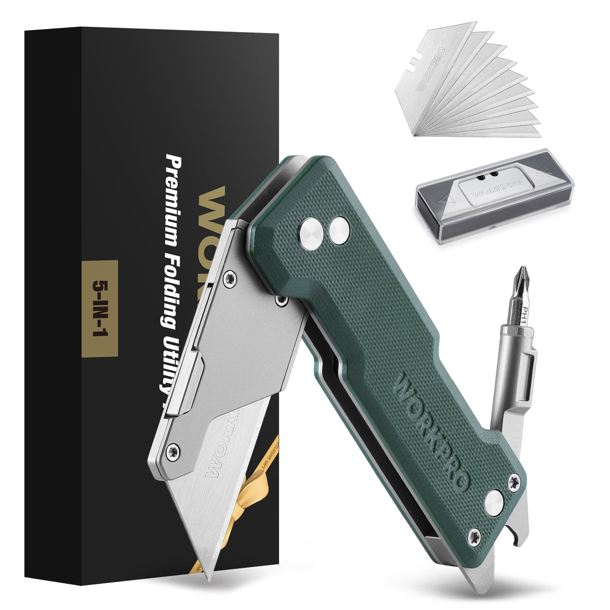 WORKPRO CNC Machined Utility Knife with extra 10 Blades, G10 Green Handle