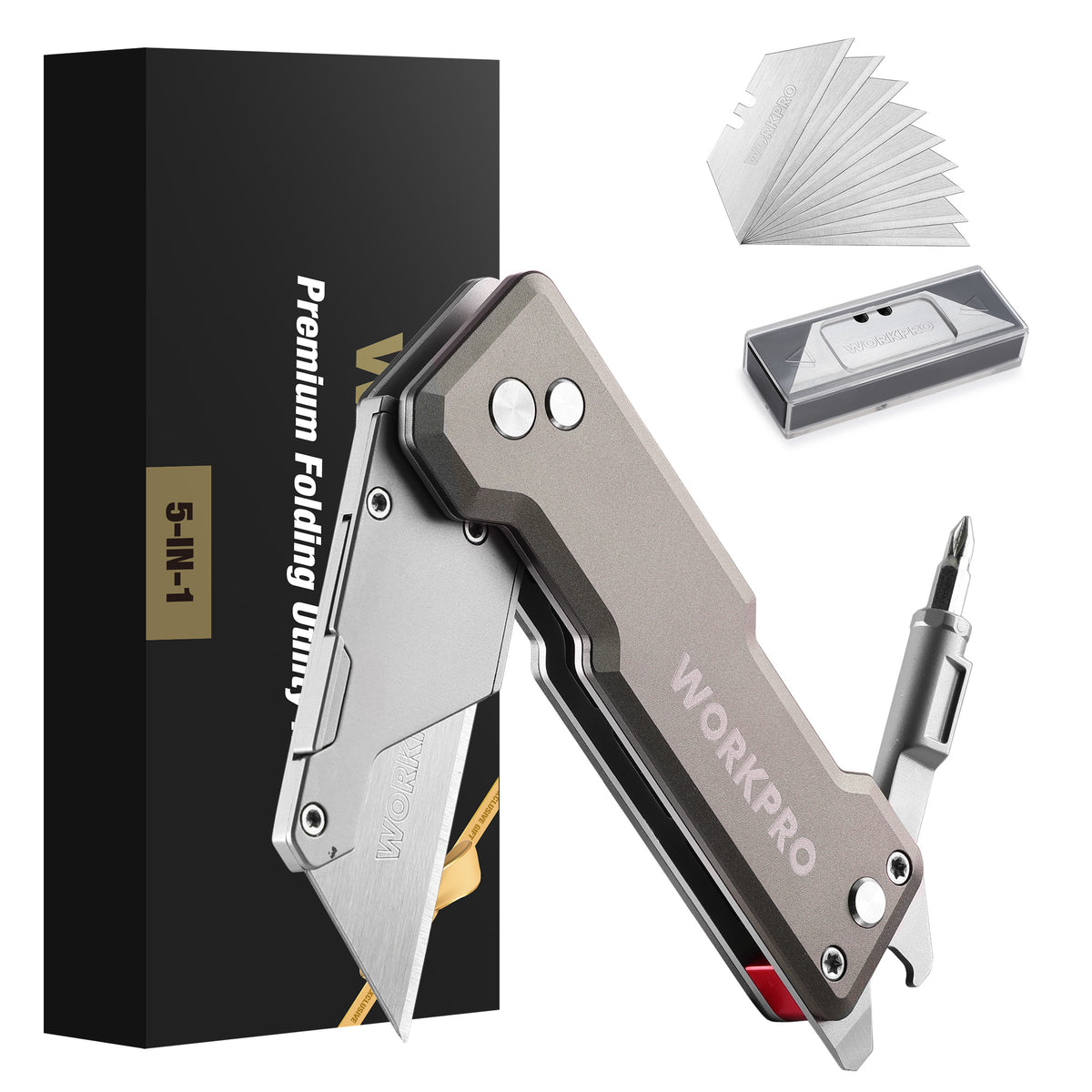 WORKPRO Titanium CNC Machined Utility Knife with extra 10 Blades, Aluminium Handle