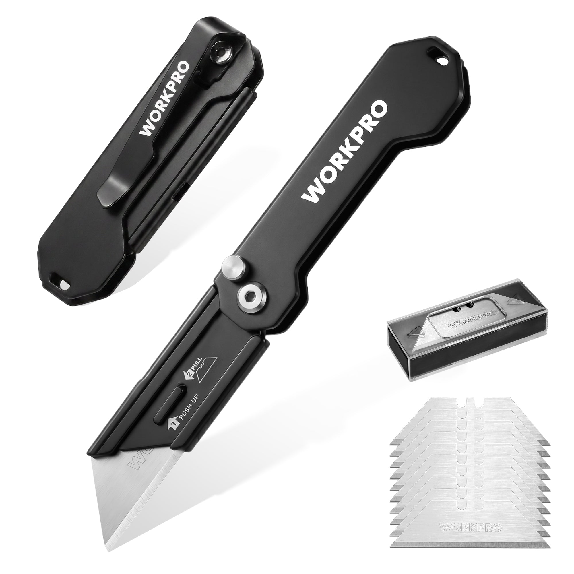 WORKPRO 2PCS EDC Folding Utility Knife, Mini Box Cutter with Quick Open Axis Lock, Quick Change Blade Razor Knife, Foldable Small Pocket Knife with Belt Clip, 2 Packs with 10 Extra Blades