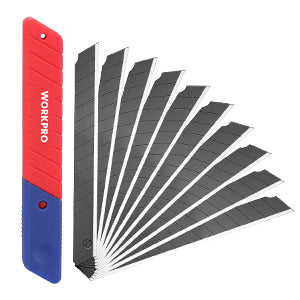 WORKPRO 2-In-1 safety utility knife set in red and blue with secure innovation, quality, durable blades