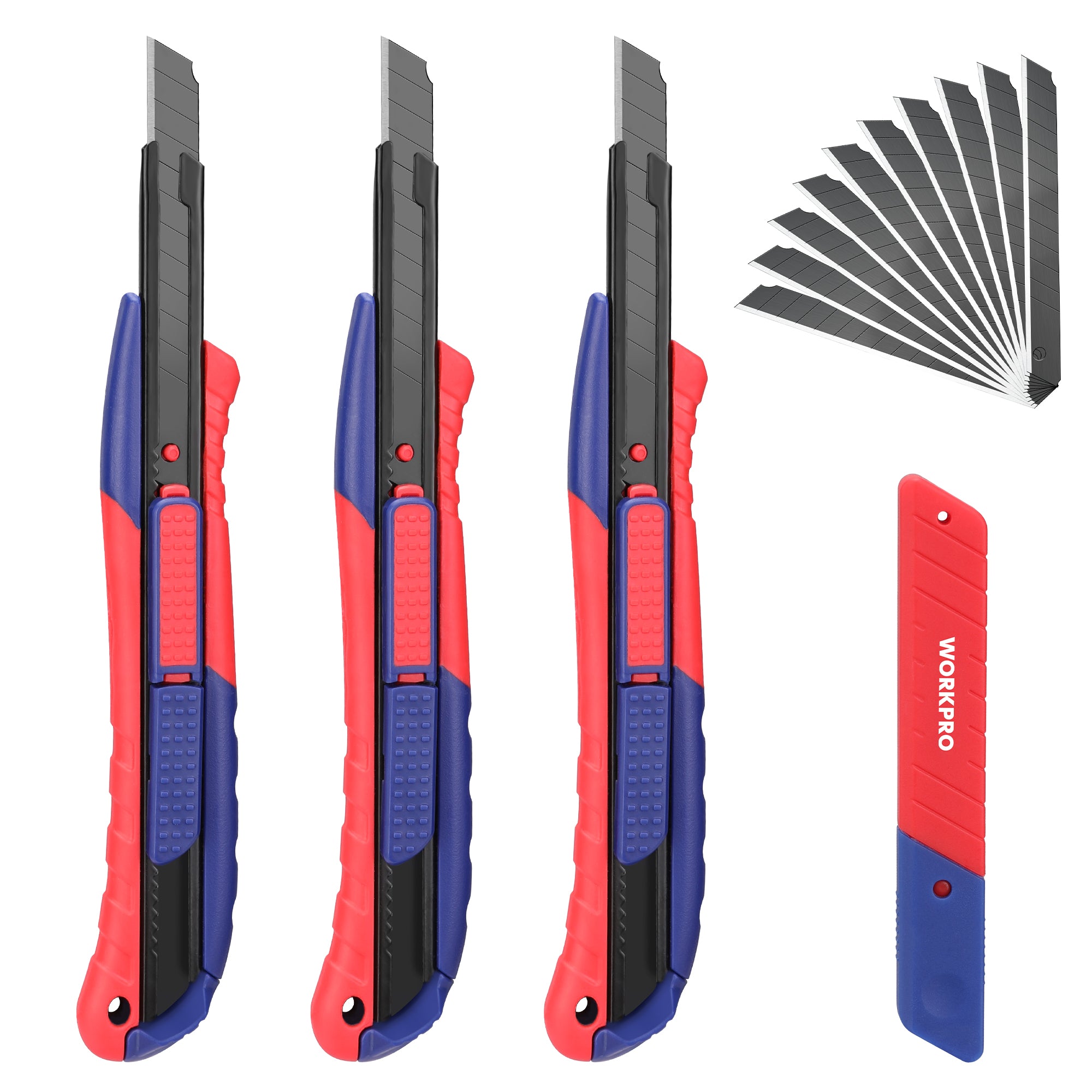 WORKPRO 2-In-1 safety utility knife in red and blue with innovation, secure, durable, quality, convenient