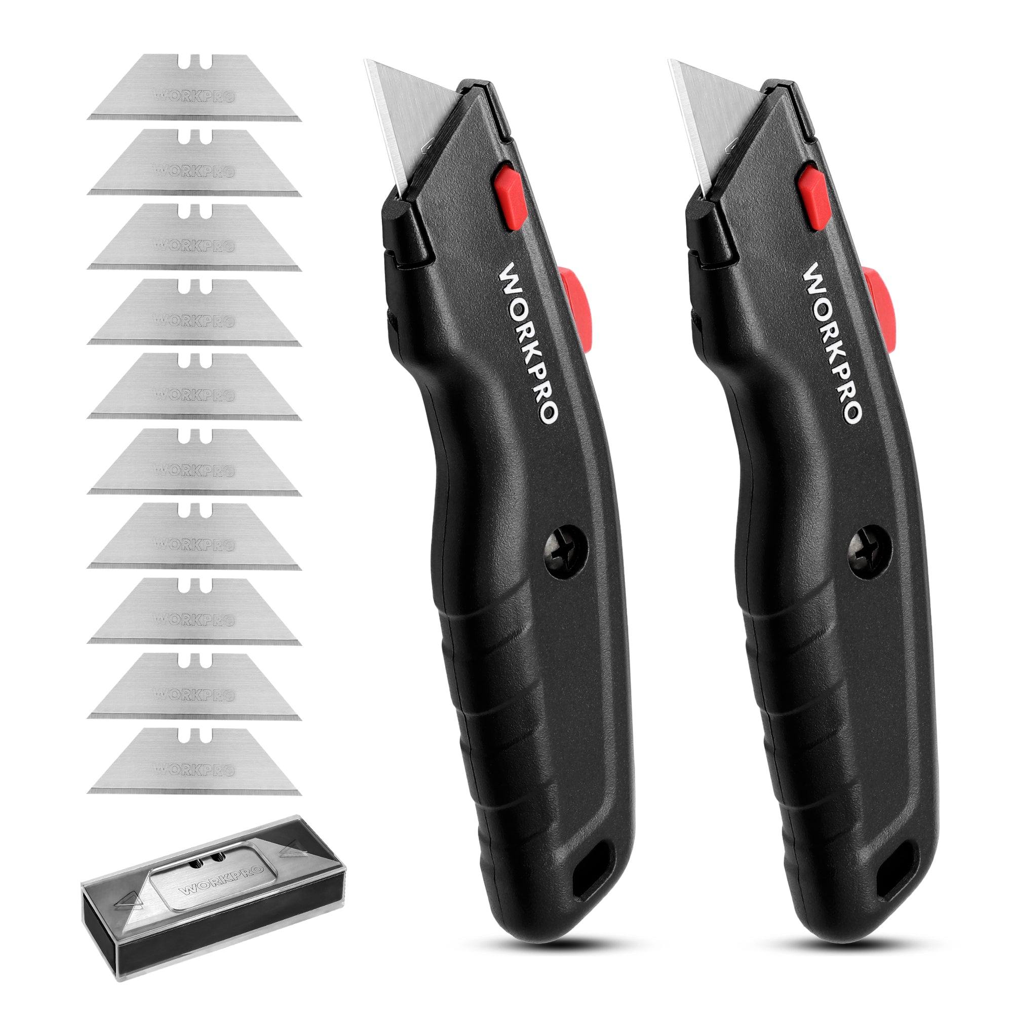 WORKPRO Premium Utility Knife retractable box cutter in black with innovation, quality, and durable secure grip