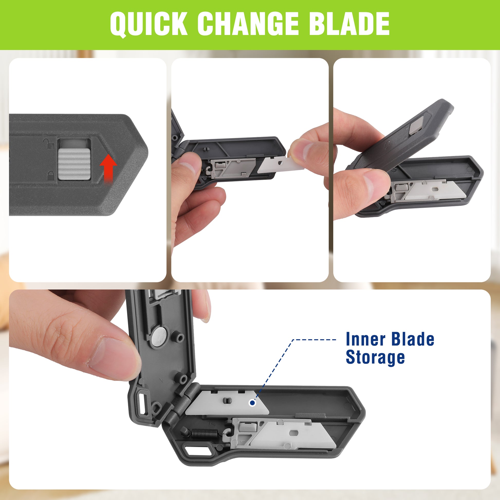 Ceramic safety box cutter showing quick-change blade and inner storage area