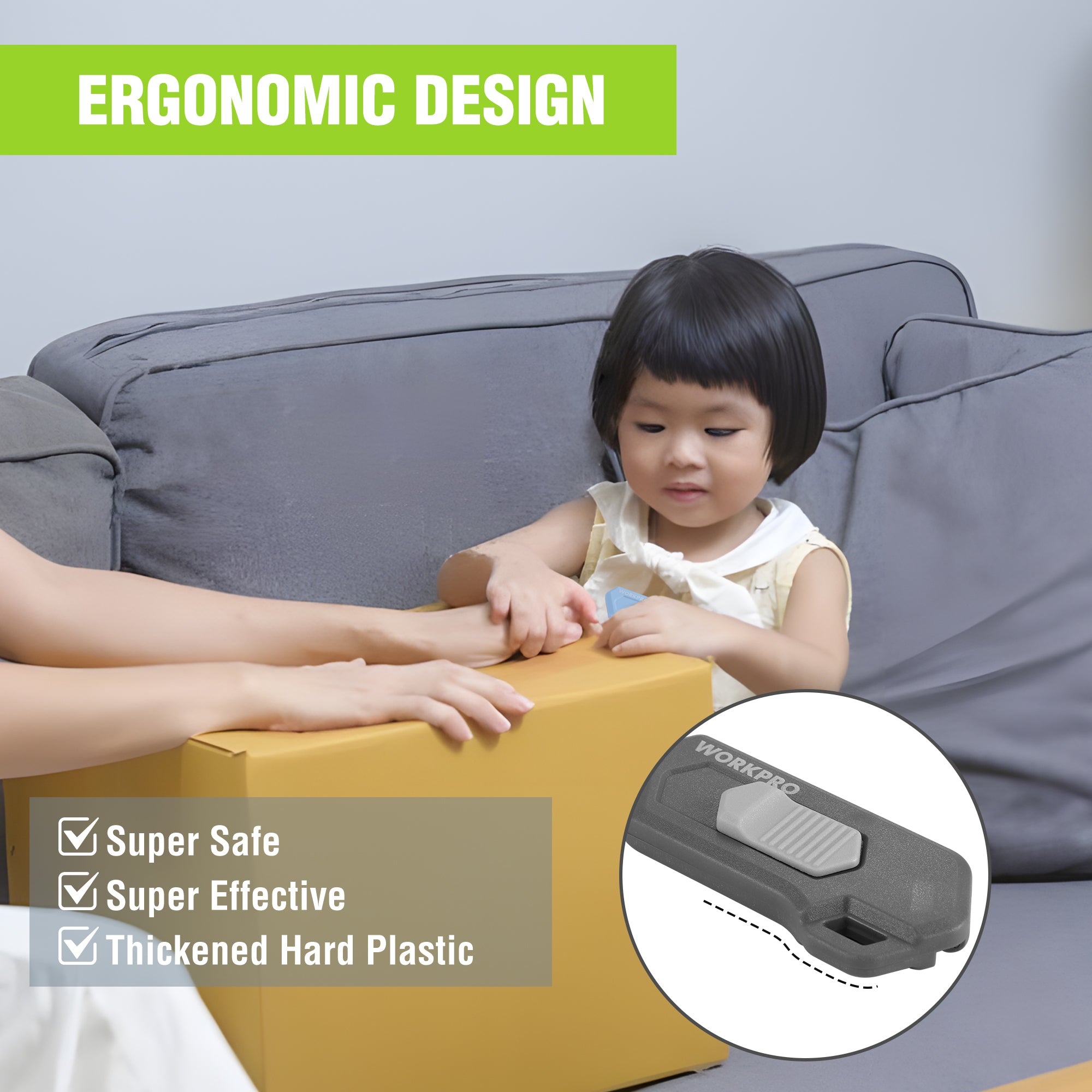 Ergonomic safety box cutter with thick hard plastic body, side view