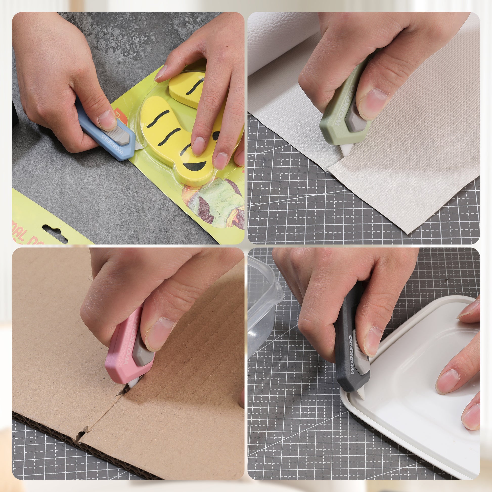 Ceramic safety box cutter cutting paper and cardboard on a gridded mat