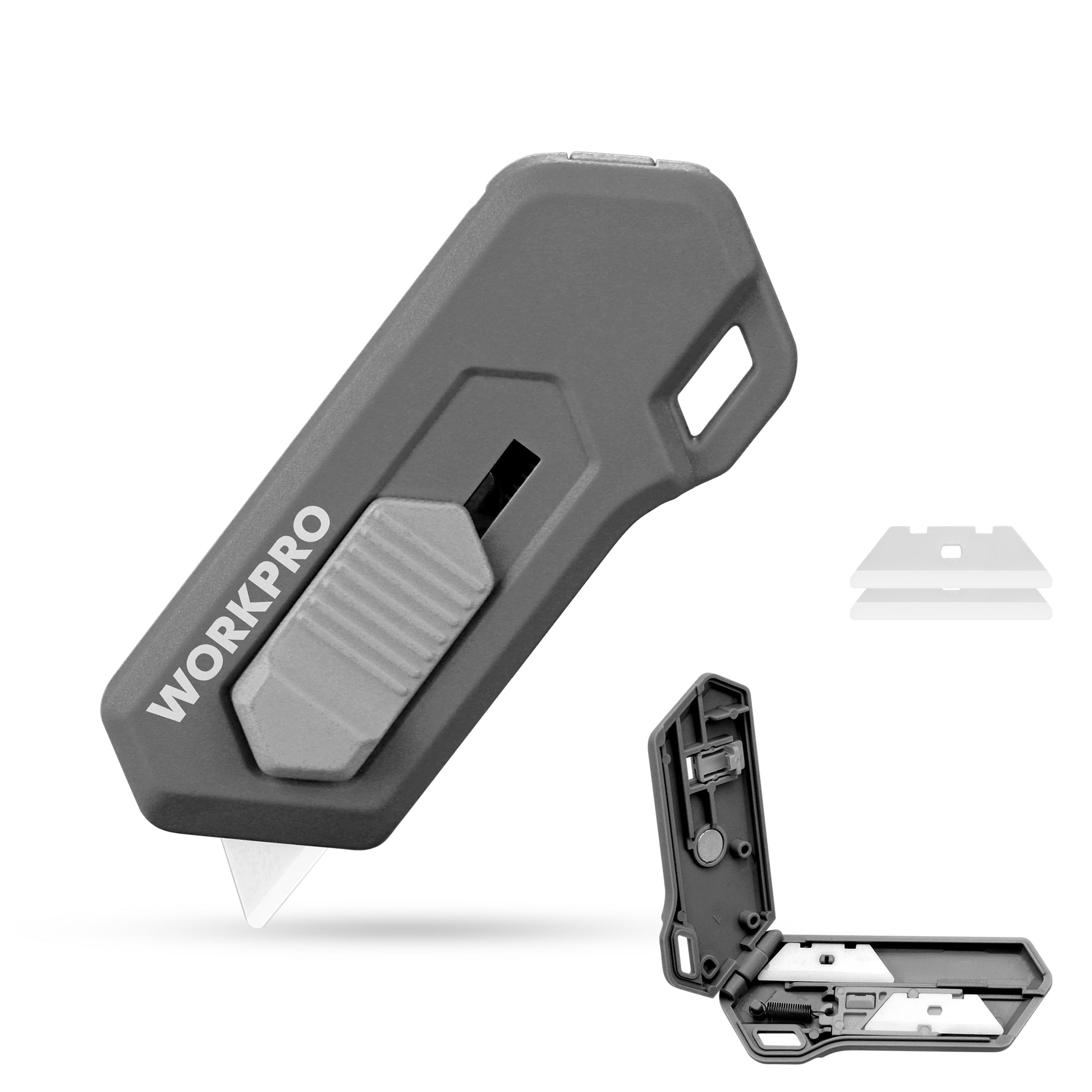Gray magnetic safety box cutter with ceramic blade and spare blade parts