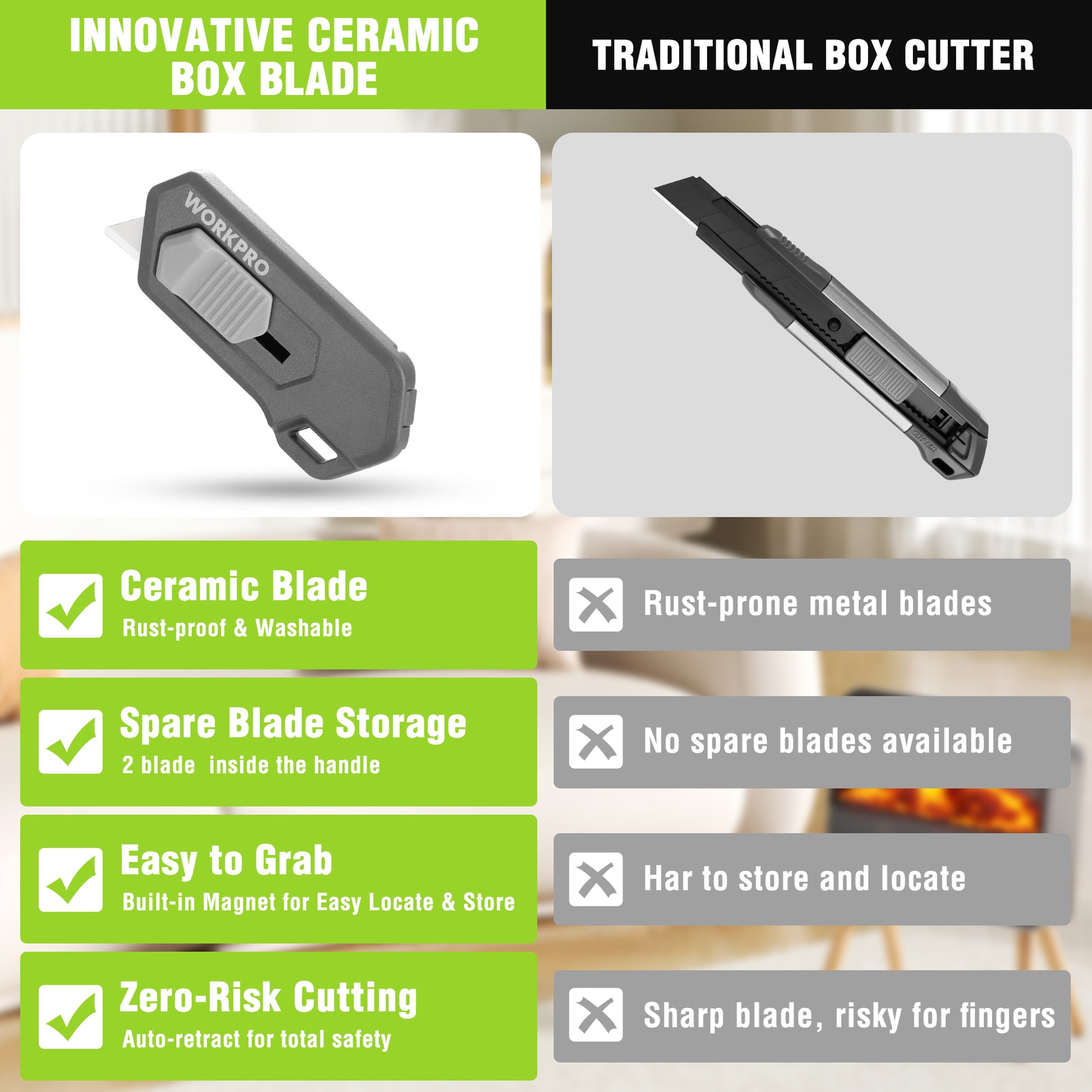 Gray magnetic safety box cutter with ceramic blade, shown at angle