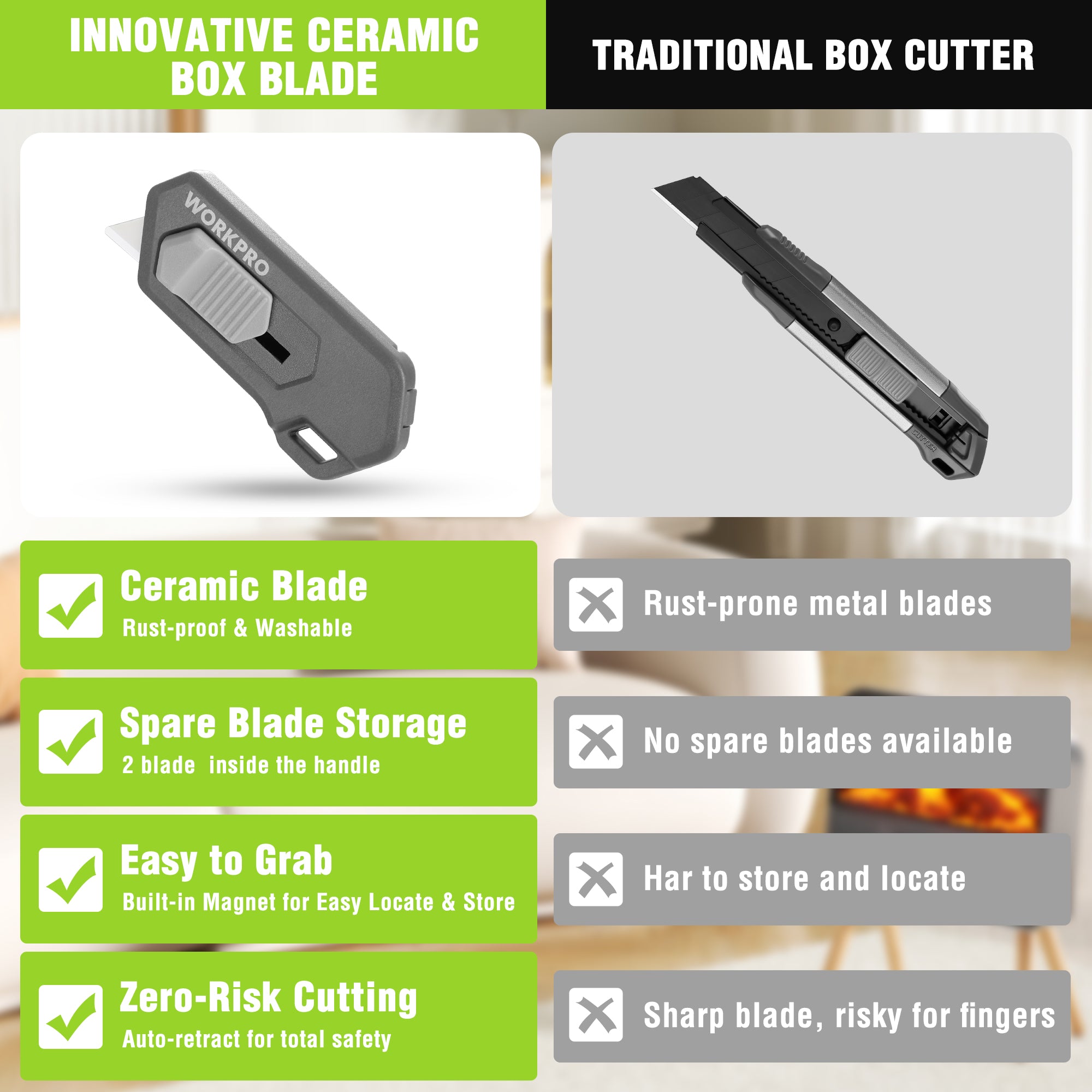 Gray magnetic safety box cutter with ceramic blade, shown at angle