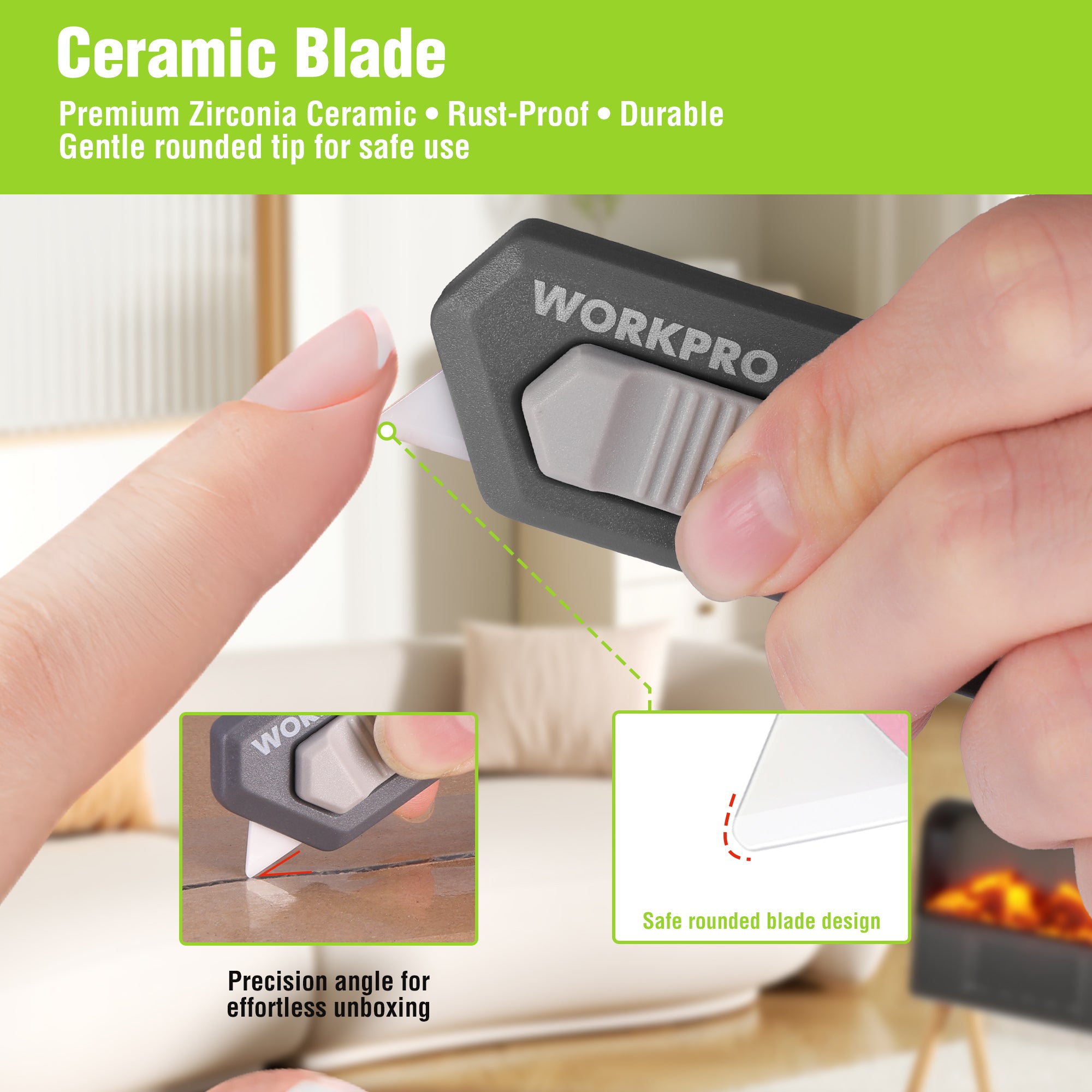 Gray magnetic safety box cutter with ceramic blade tip, held by hands