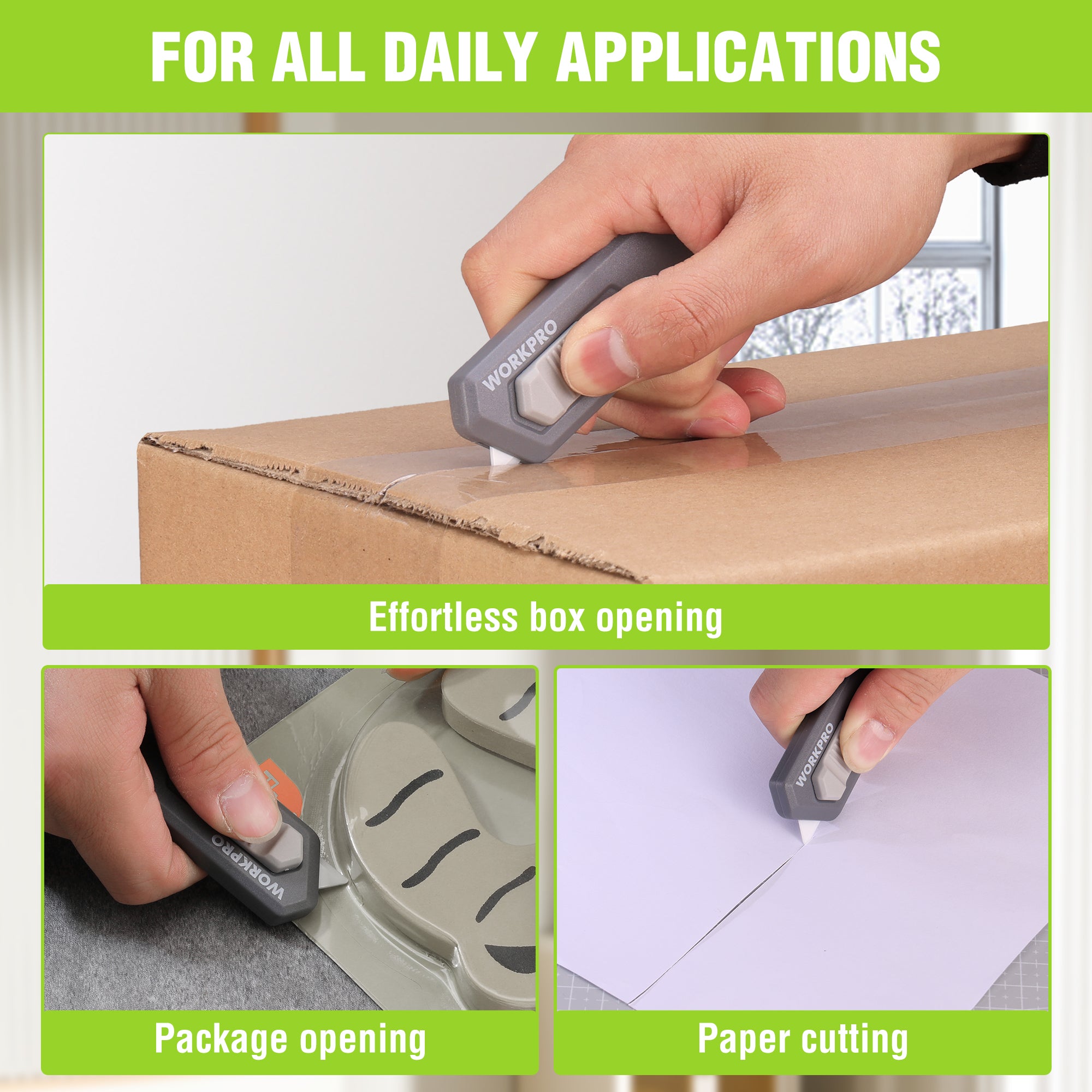 Gray safety cutter with ceramic blade, shown opening a box and cutting paper
