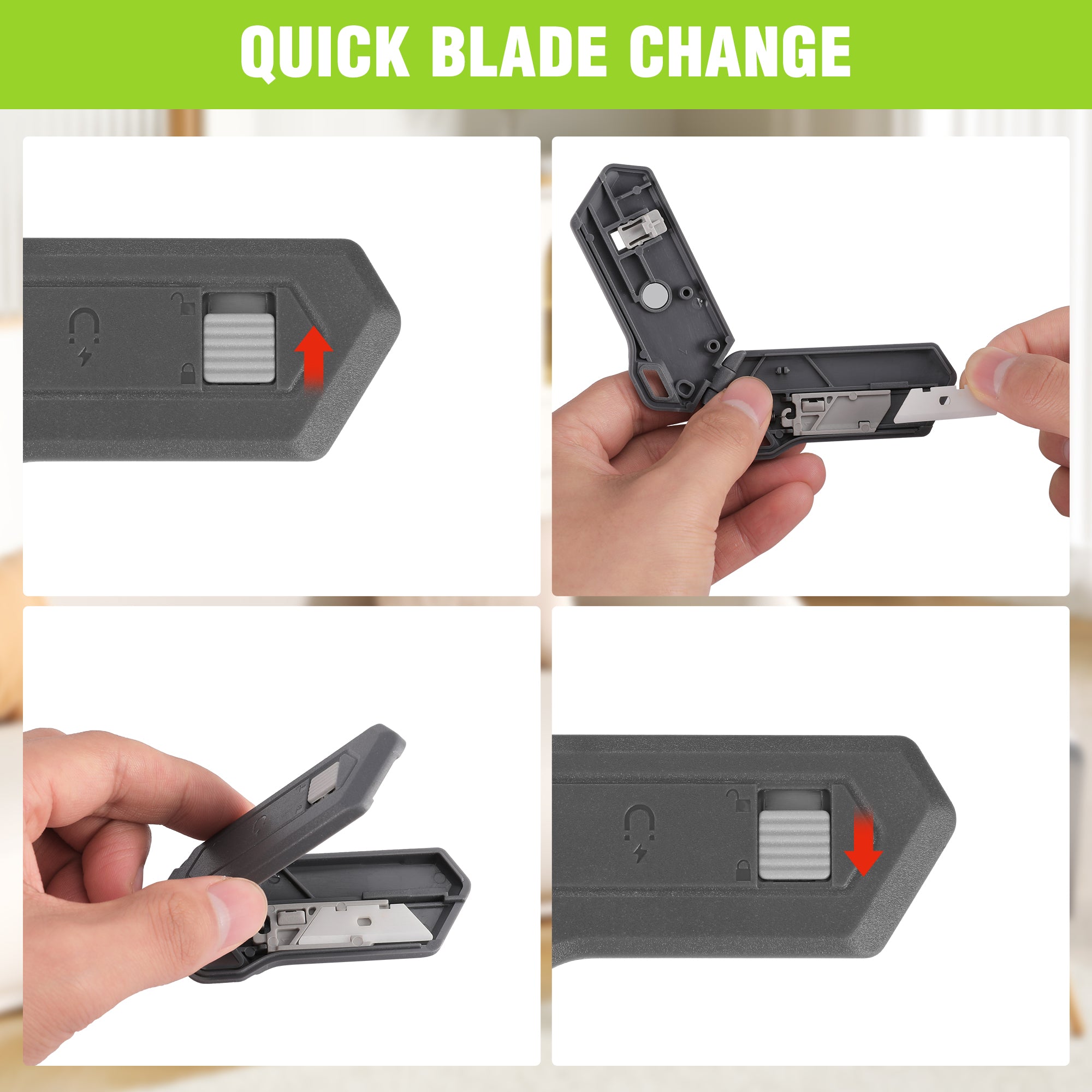 Gray safety box cutter with quick blade change mechanism, blade compartment shown