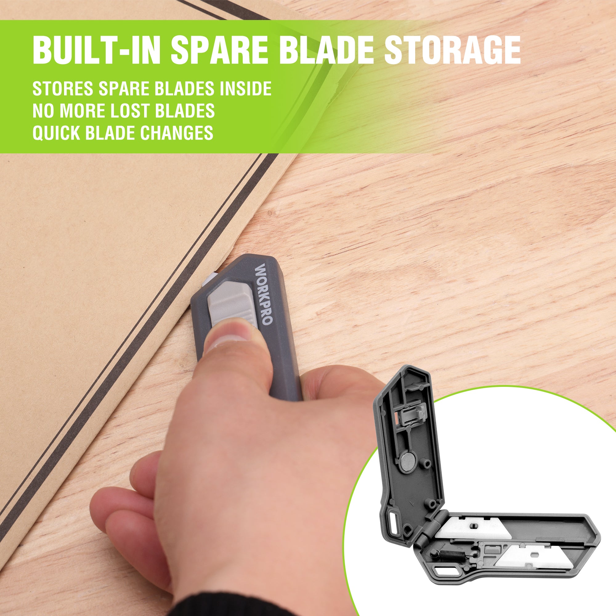 Gray safety box cutter handle with built-in spare blade storage compartment