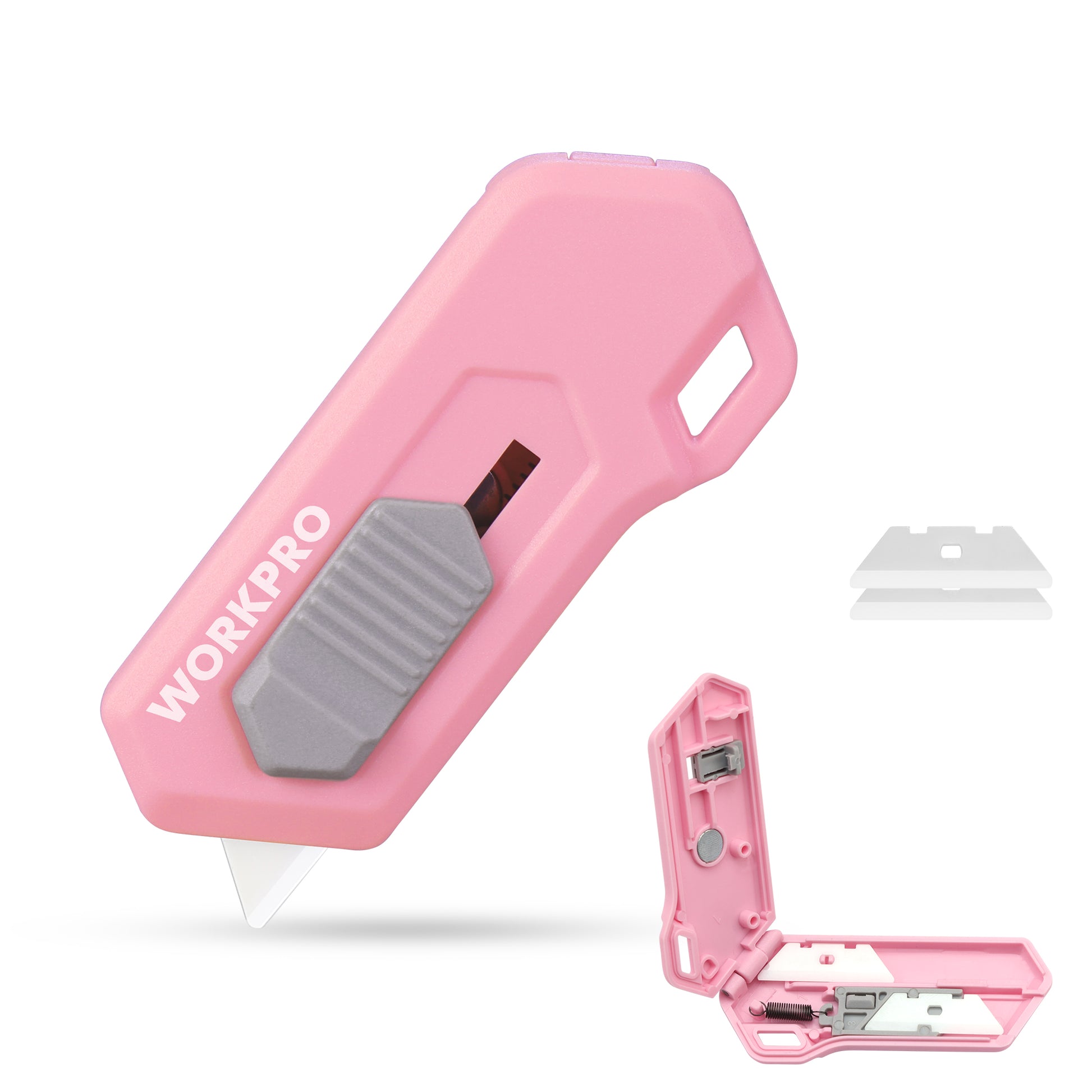 Pink ceramic blade safety box cutter with spare blade pieces shown