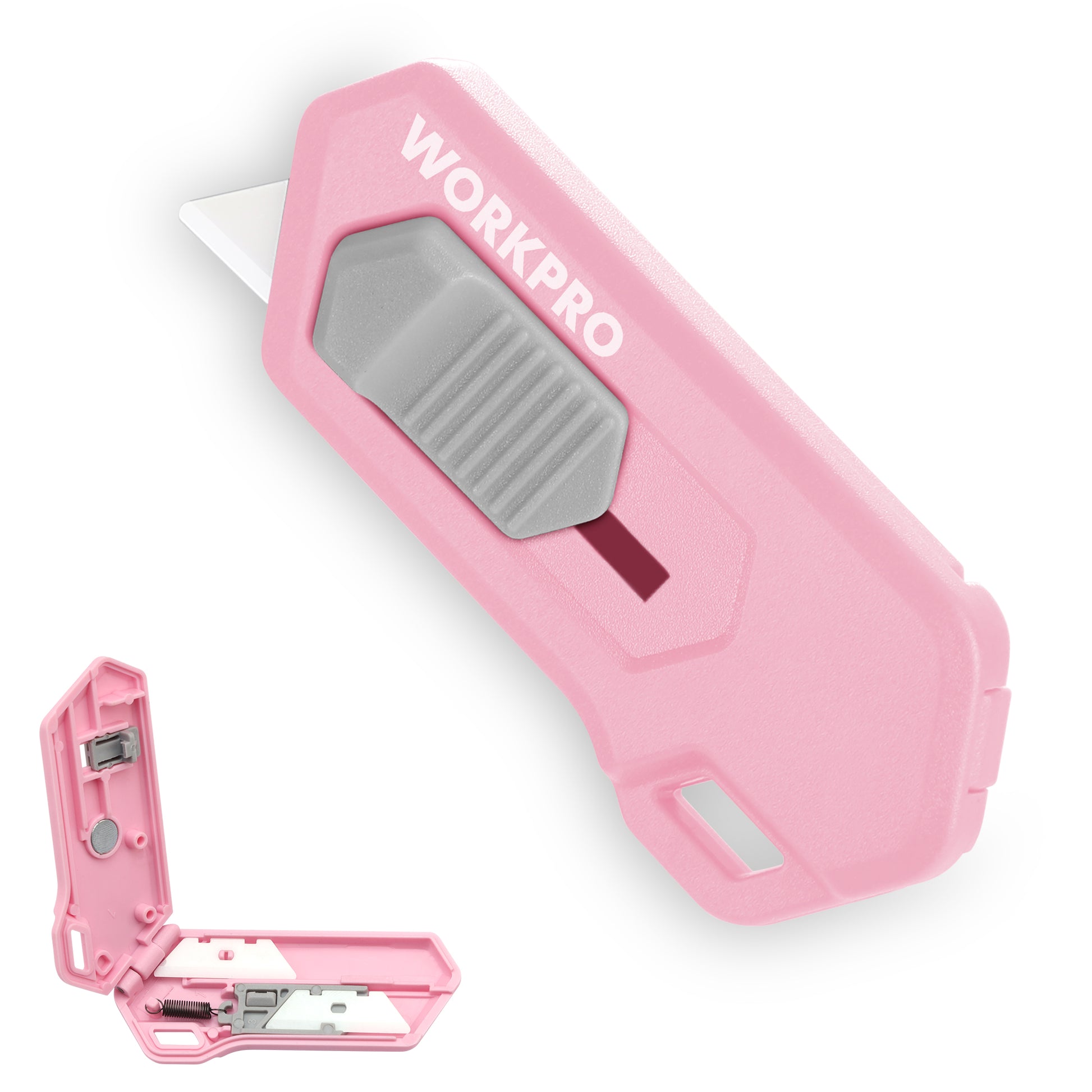 Pink ceramic blade safety box cutter, angled view with open base and blade