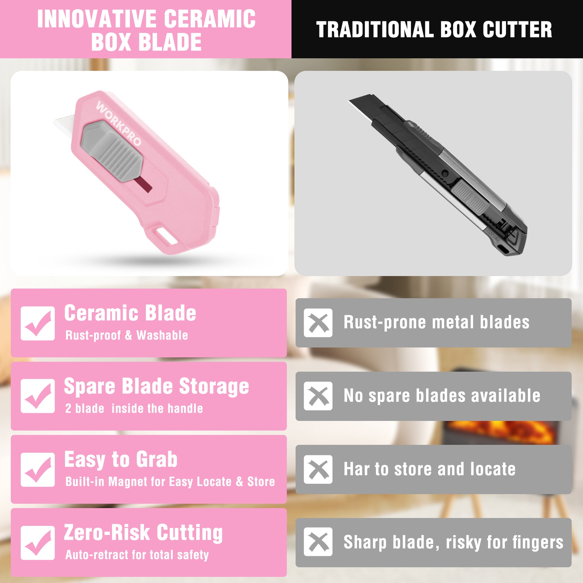 Pink ceramic blade safety box cutter with blade exposed, close-up view
