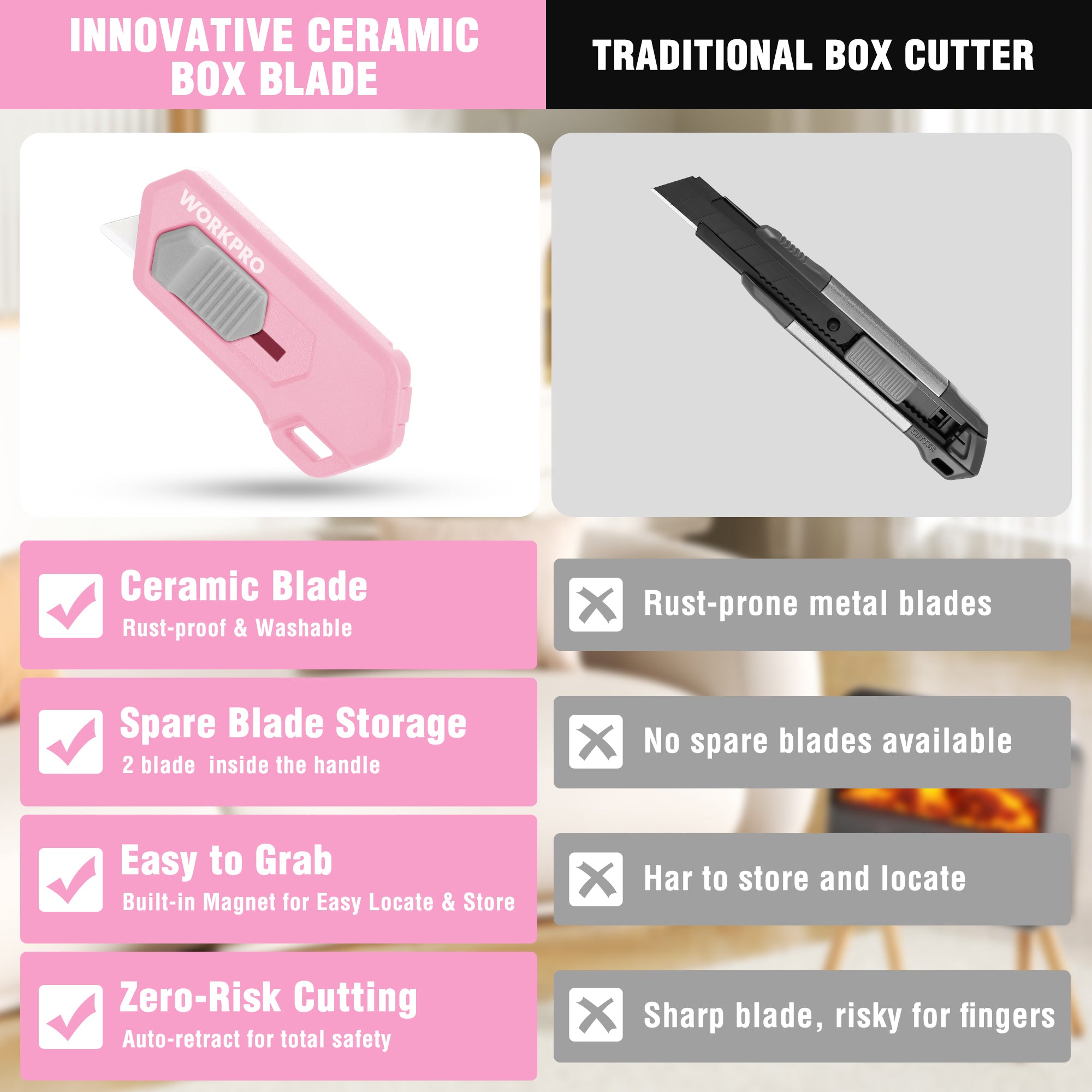 Pink ceramic blade safety box cutter with blade exposed, close-up view