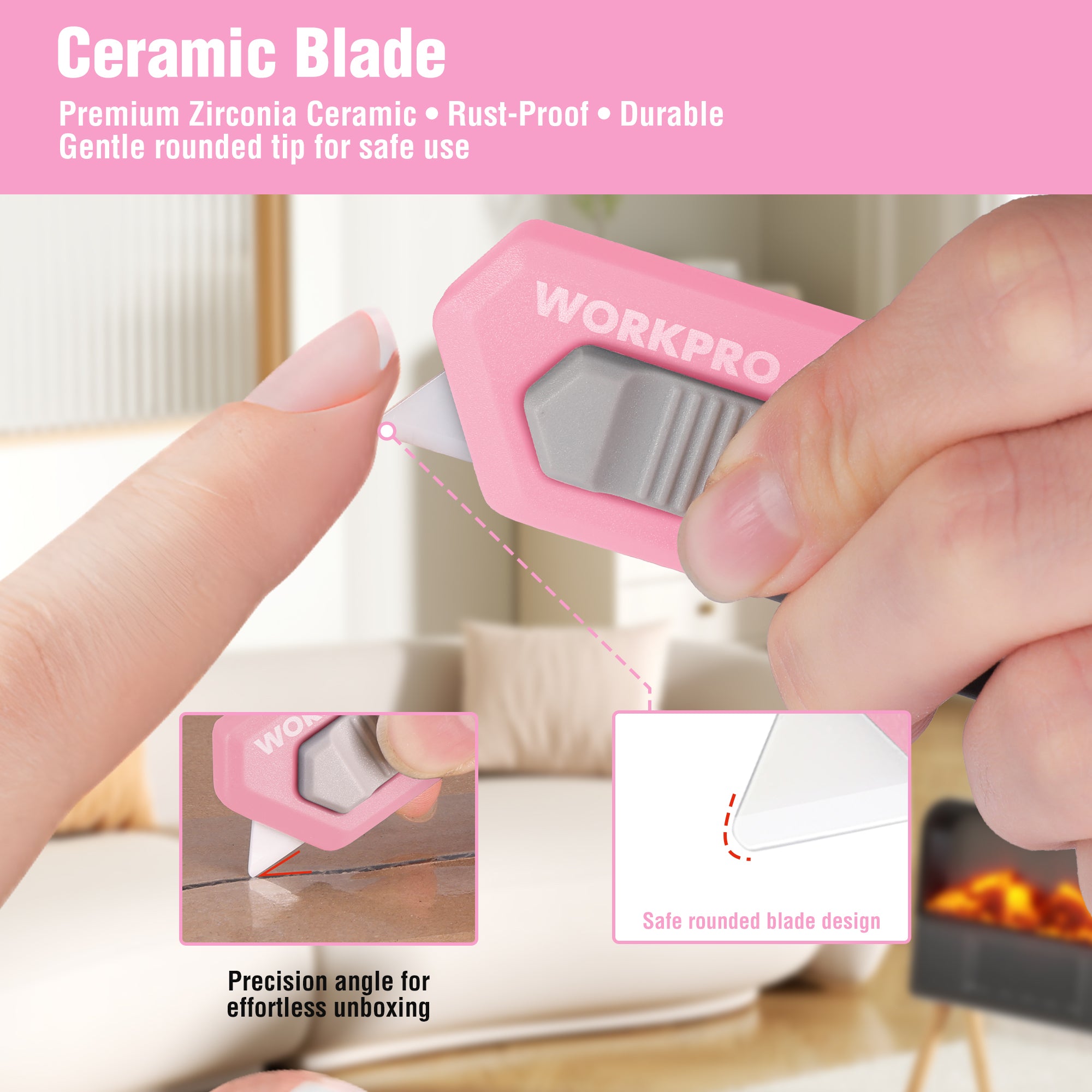 Pink ceramic blade safety box cutter with rounded blade tip, cutting paper