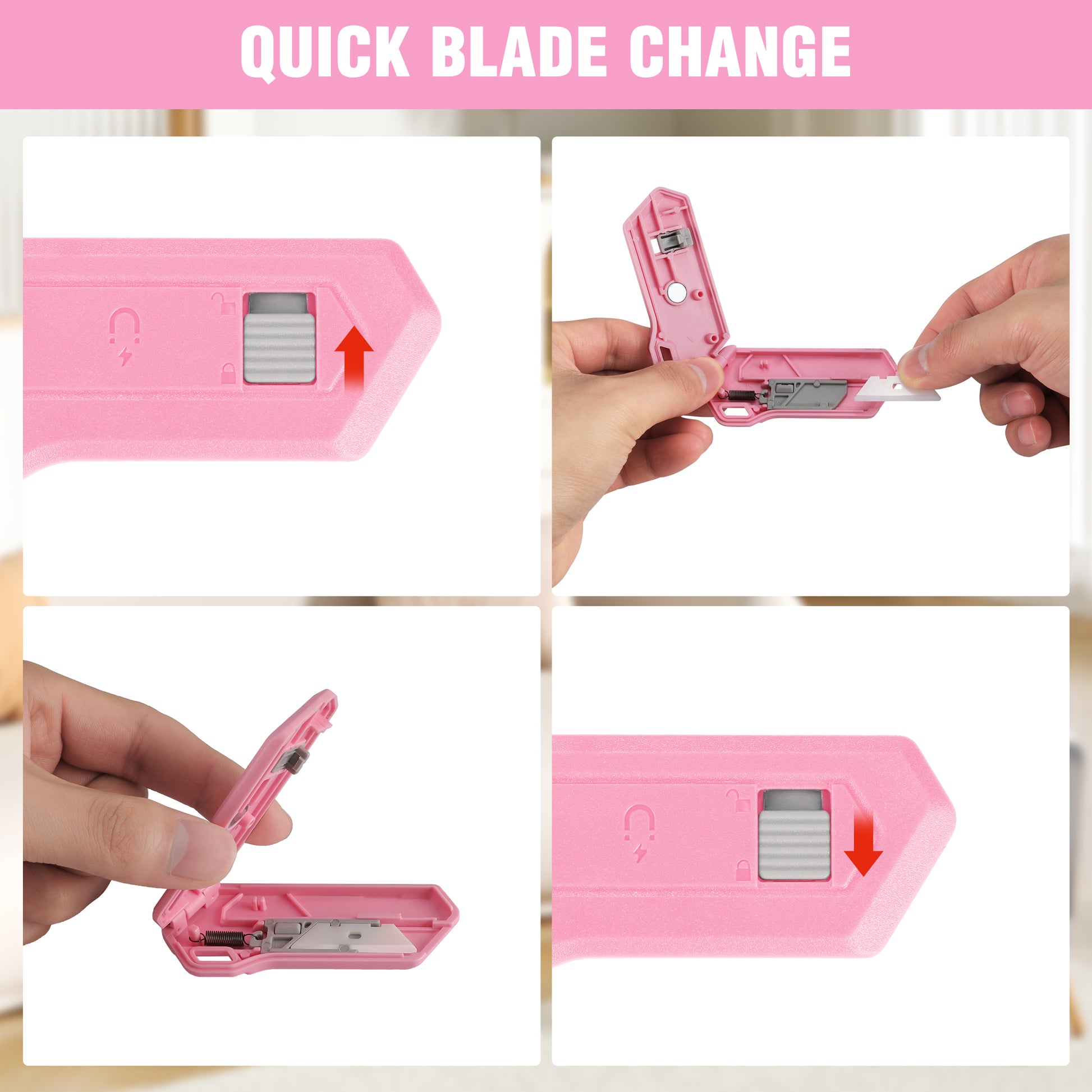 Pink safety box cutter with blade cartridge open for quick blade change