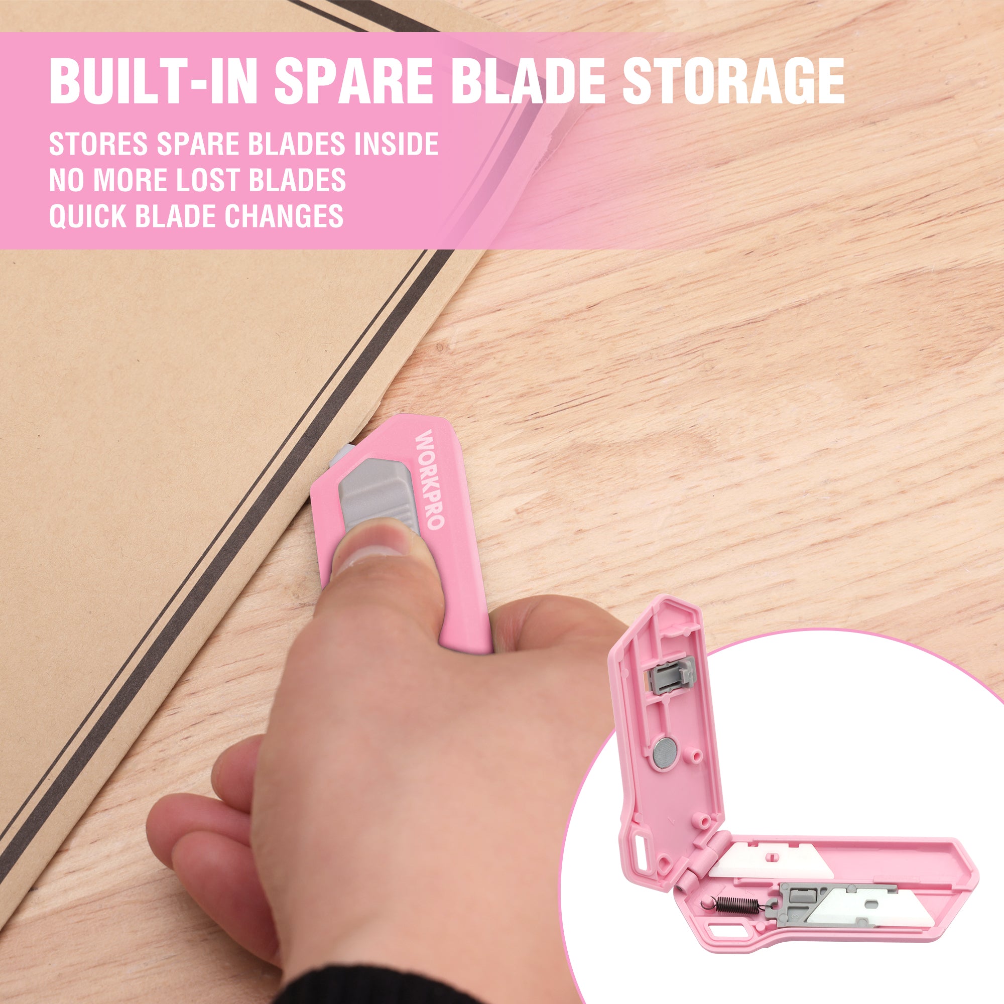 Pink safety box cutter showing built-in spare blade storage compartment