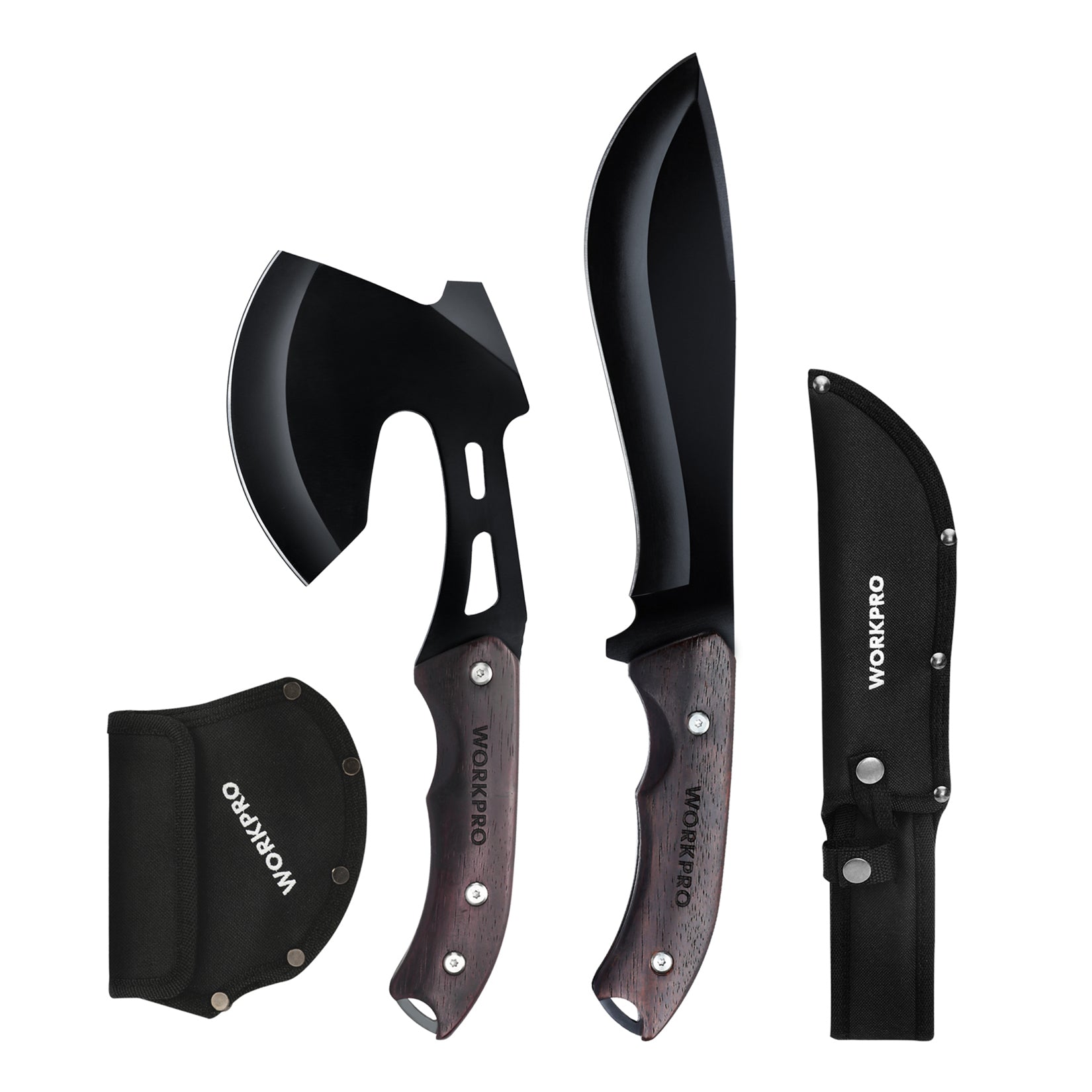 WORKPRO Full Tang Wood Handle Axe and Fixed Blade Knife Combo Set with nylon sheath, durable quality