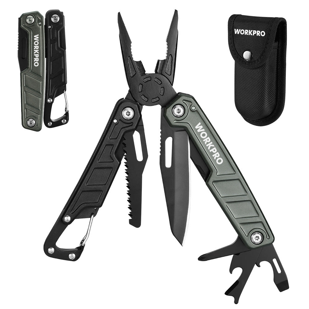 WORKPRO Multitool-11 in 1 Multitool Pliers with Pocket Clip and Sheath-EDC Multi Tool Knives with Safety Lock-Camping Tools Pocket Knife with Screwdriver Saw Blade Wire Cutter and Bottle Opener