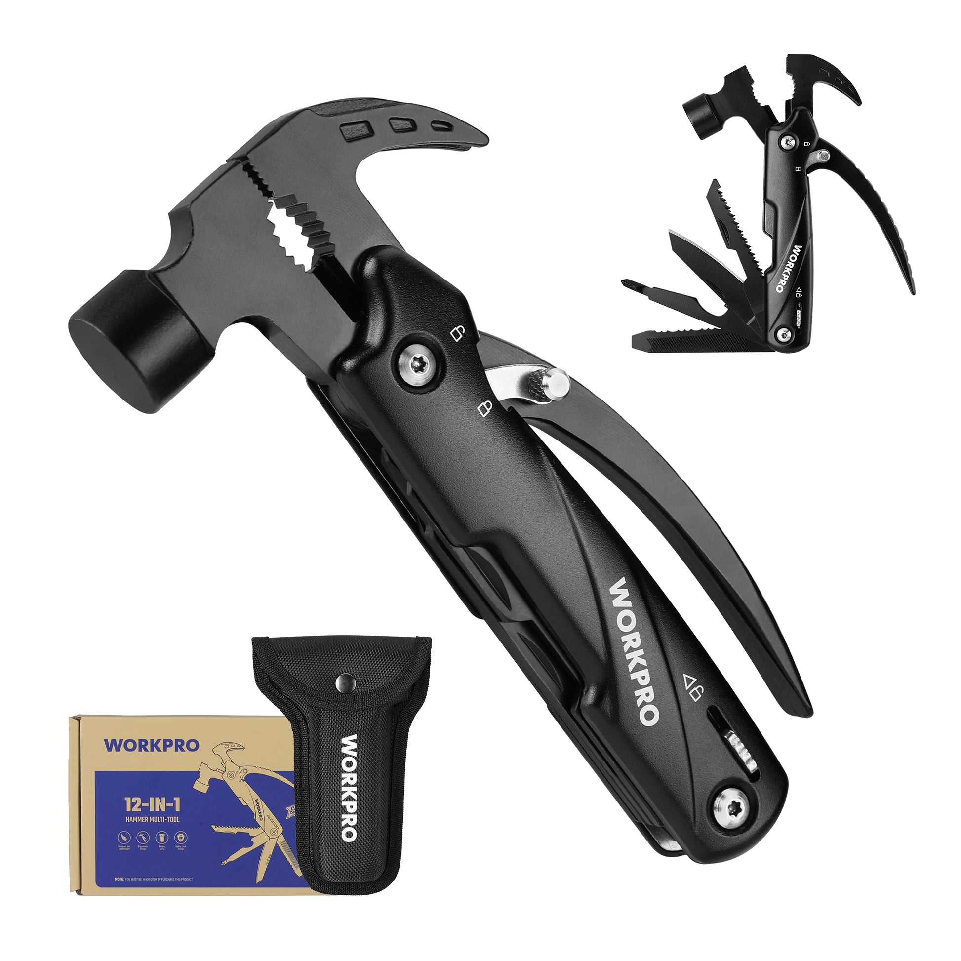 Multifunctional tool with hammer head and multiple tools on a white background, featuring the WORKPRO brand.