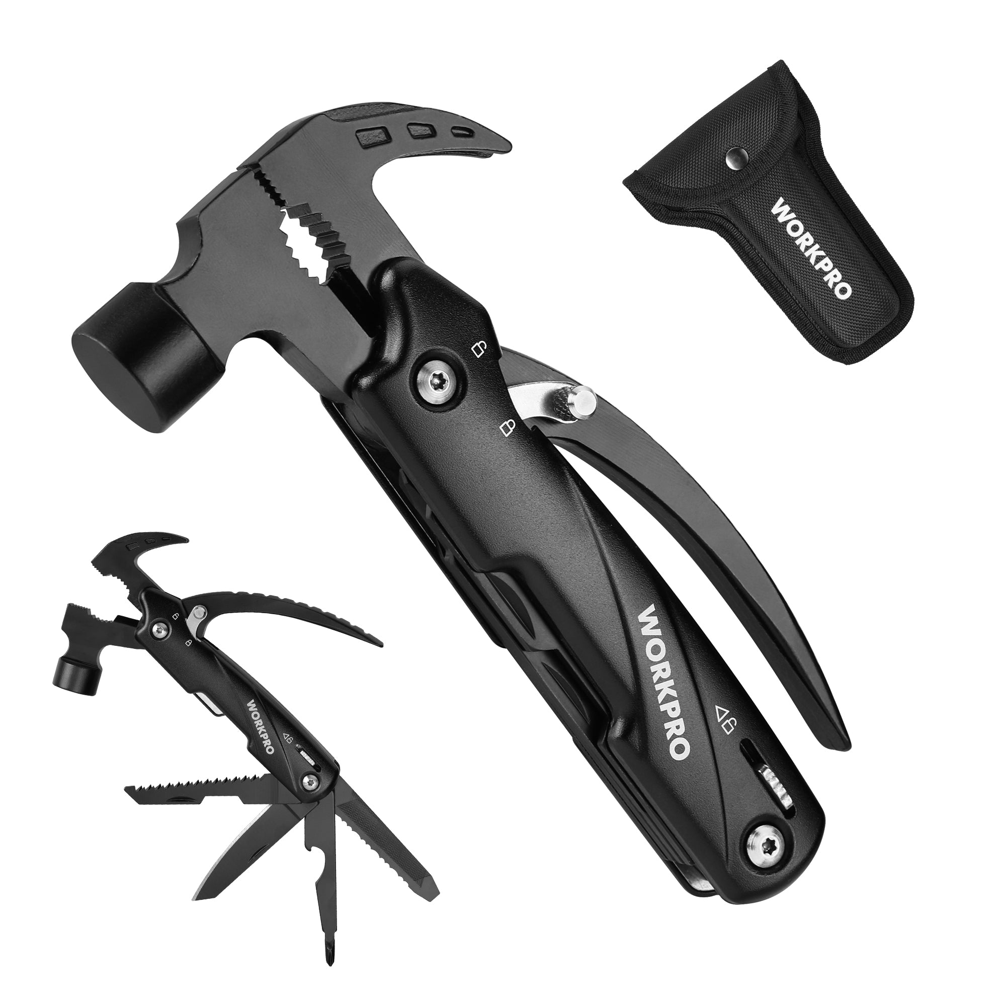 Multitool with hammer head and plier components, branded 'WORKPRO', on a white background