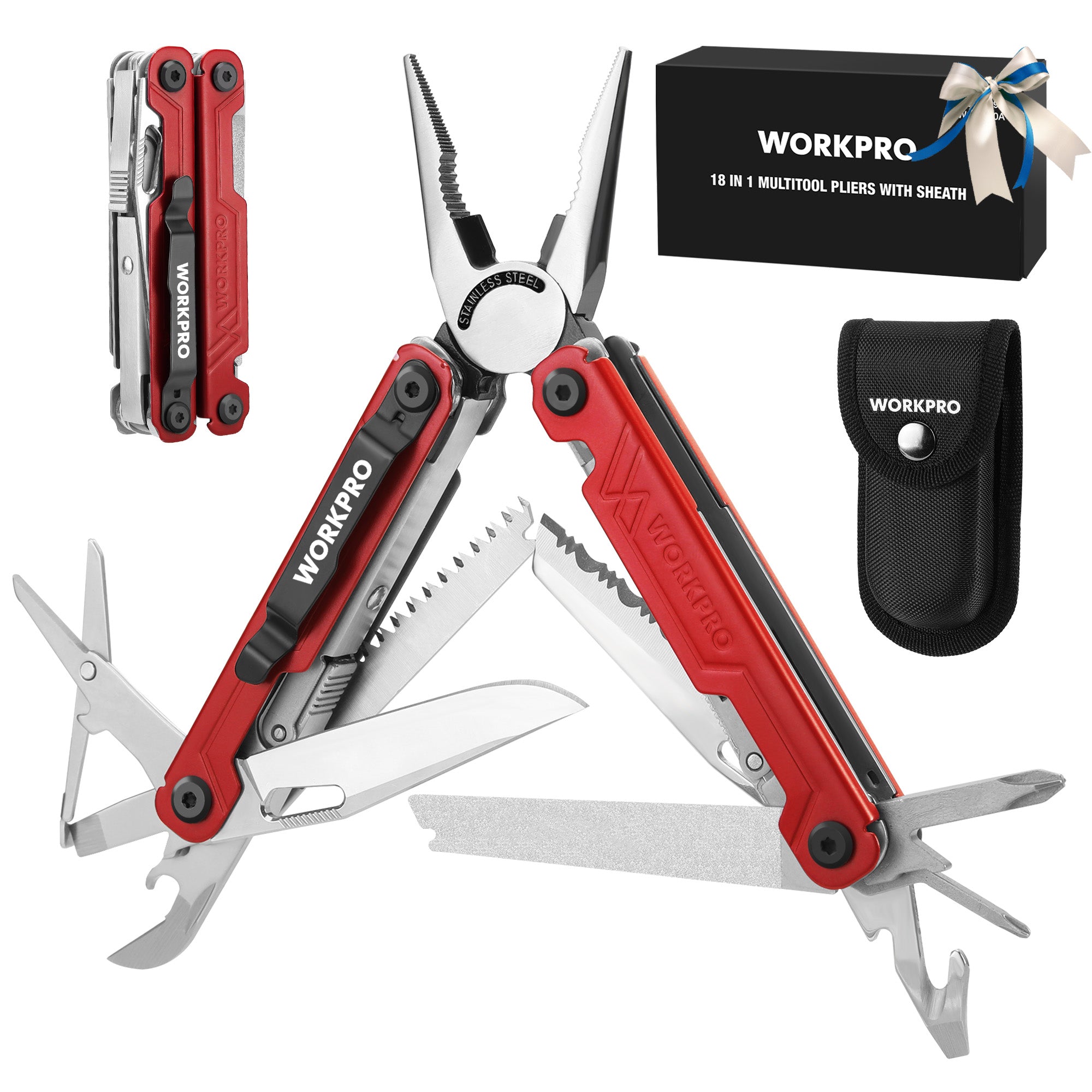 Red and silver 18-in-1 multi-tool pliers set with black carrying sheath