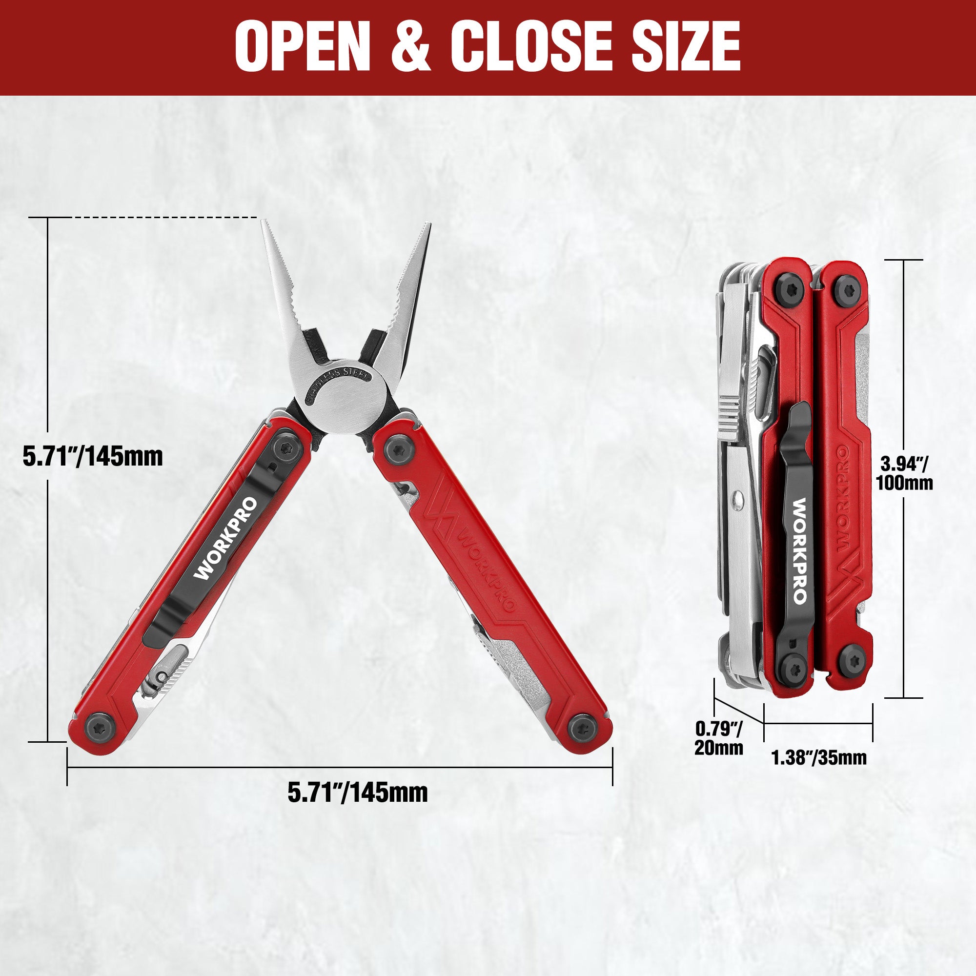 Red 18-in-1 multi-tool pliers with size diagrams for open and closed