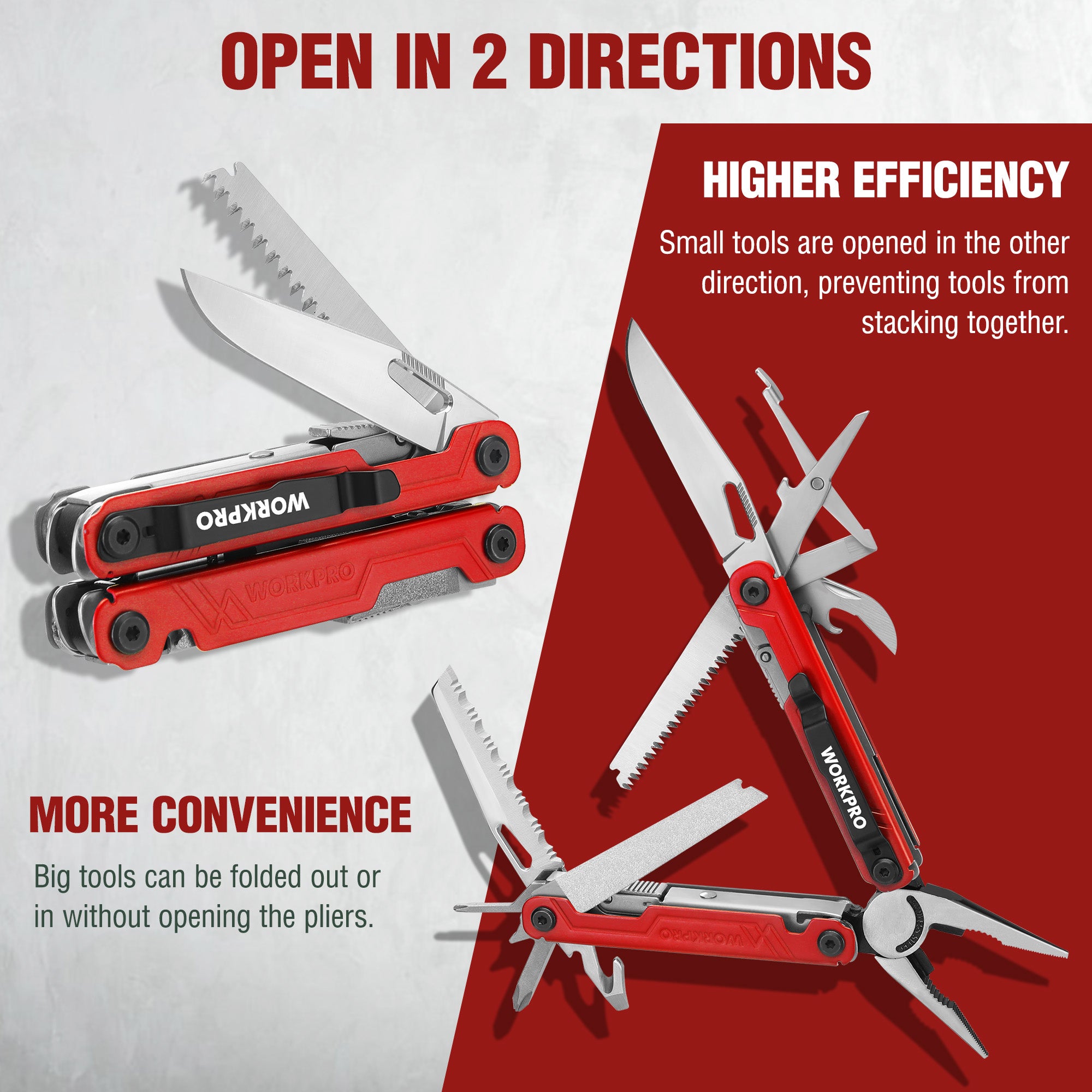 Red 18-in-1 multi-tool pliers open in two directions with multiple tools