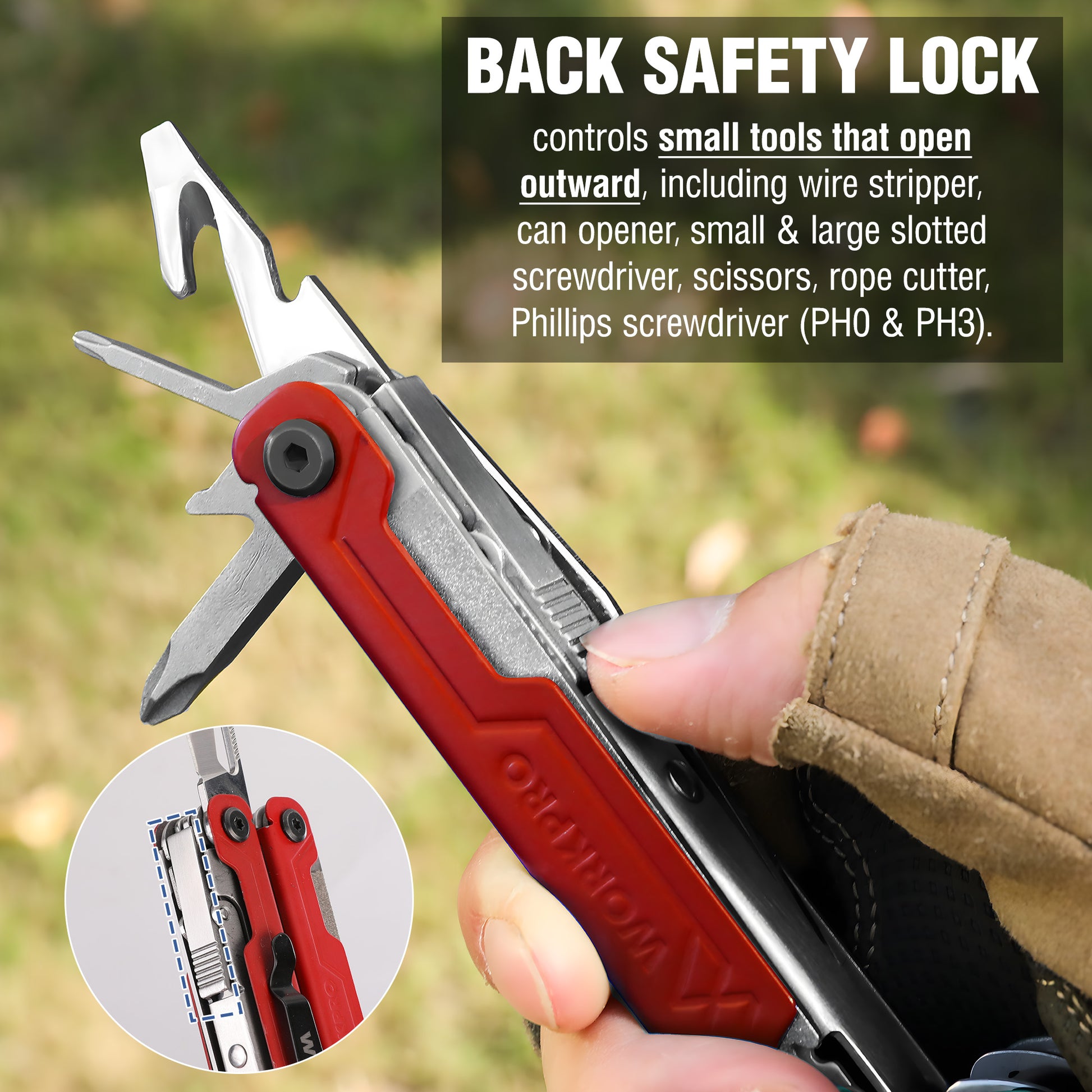 Red and silver multi-tool pliers with back safety lock shown in-hand