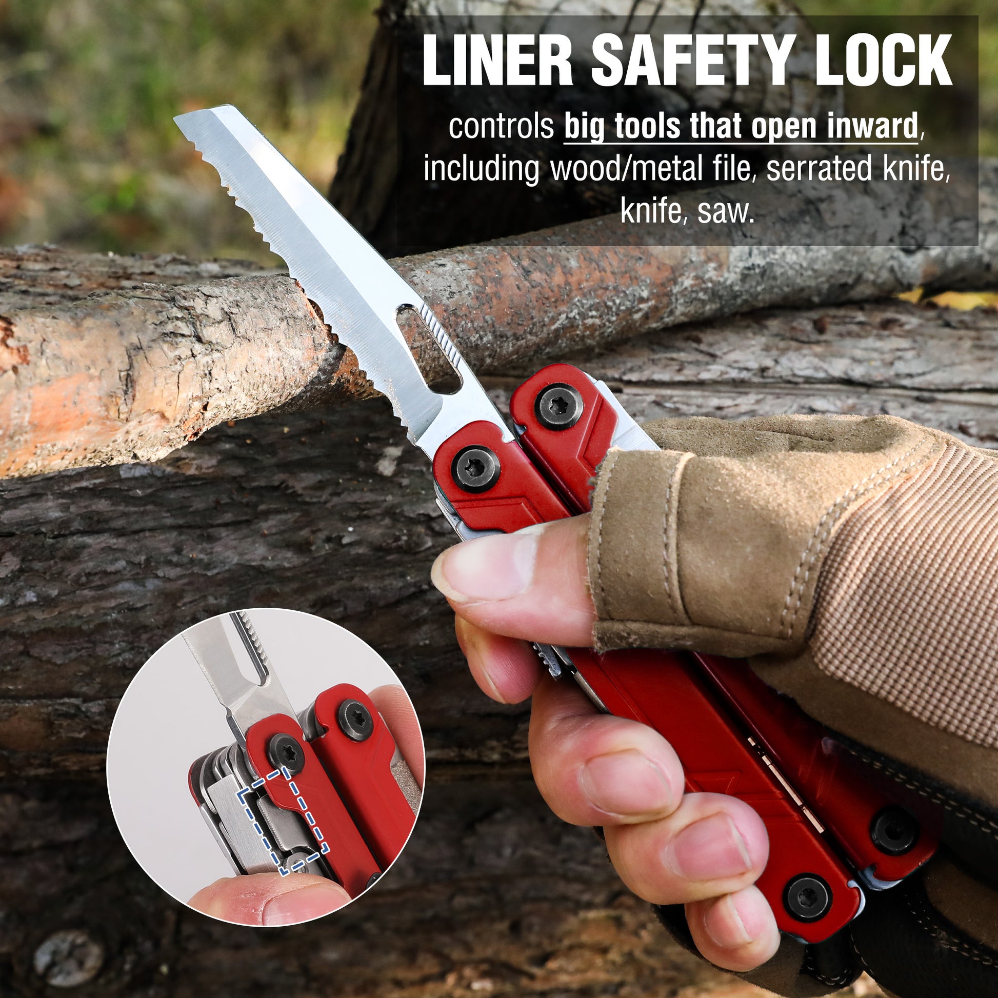 Red multi-tool pliers clamped open on wood with safety lock detail