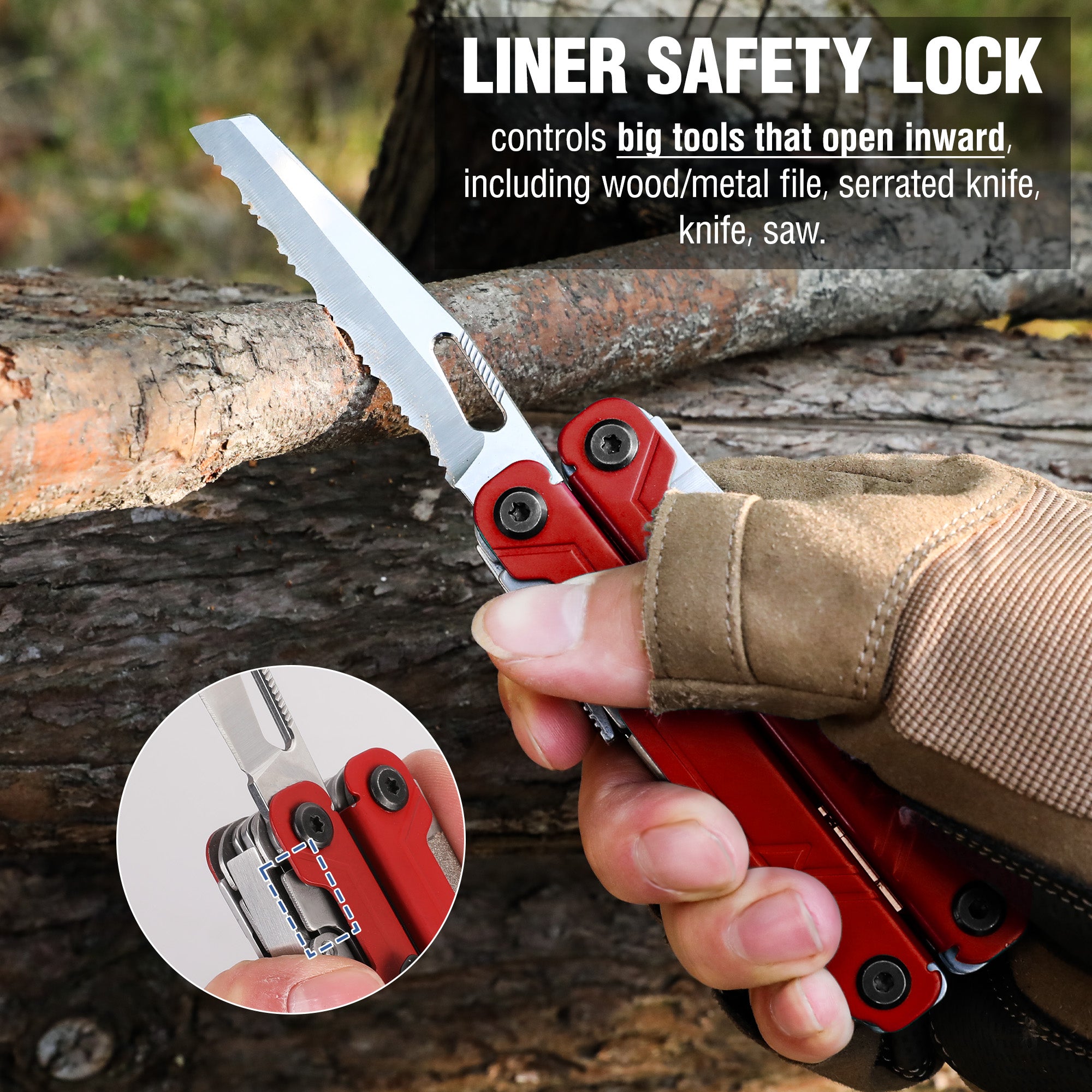 Red multi-tool pliers clamped open on wood with safety lock detail