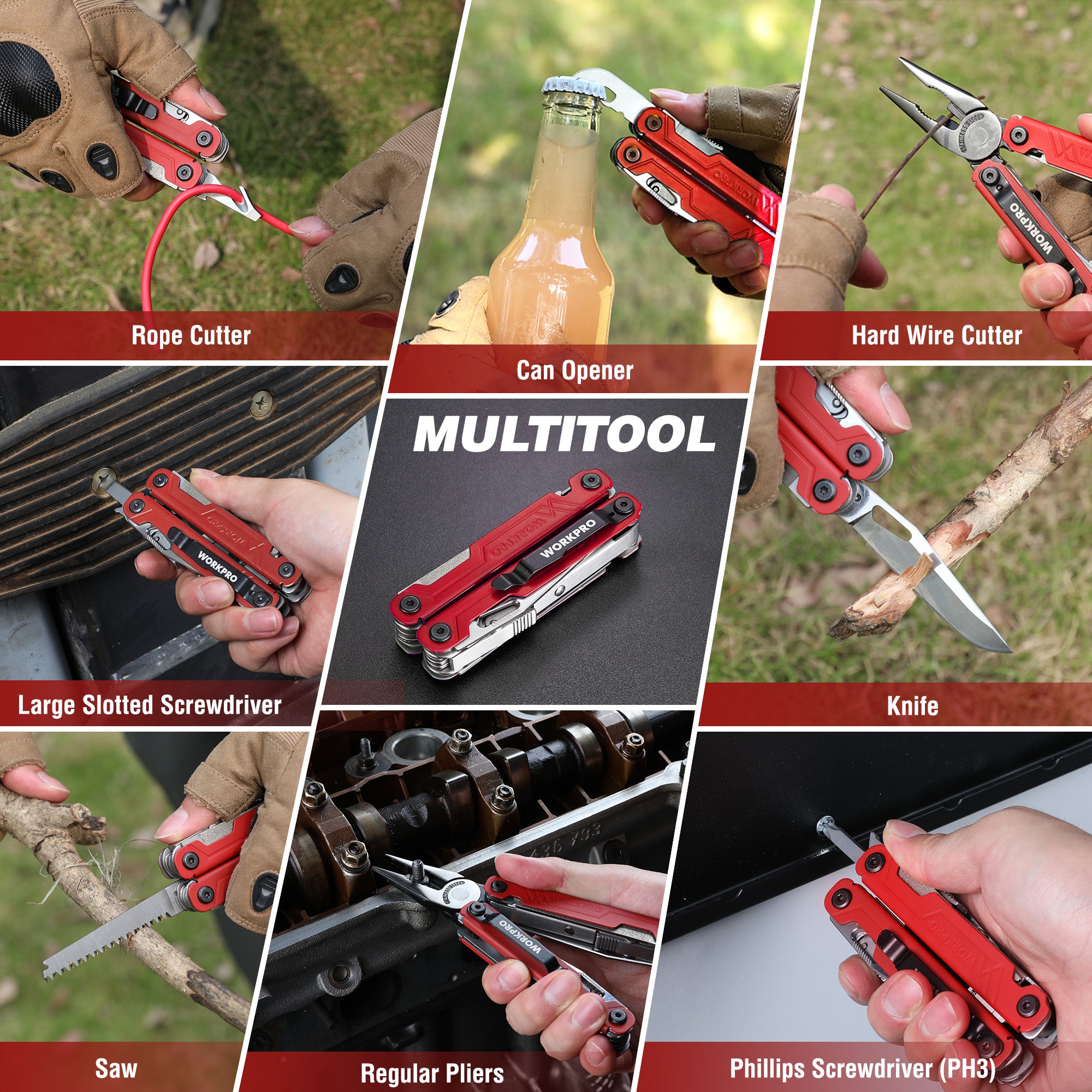 Red WORKPRO 18-in-1 multi tool pliers with multiple folding blades and drivers
