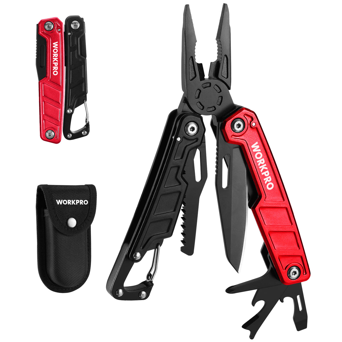 WORKPRO Multitool-11 in 1 Multitool Pliers with Pocket Clip and Sheath-EDC Multi Tool Knives with Safety Lock-Camping Tools Pocket Knife with Screwdriver Saw Blade Wire Cutter and Bottle Opener-Red