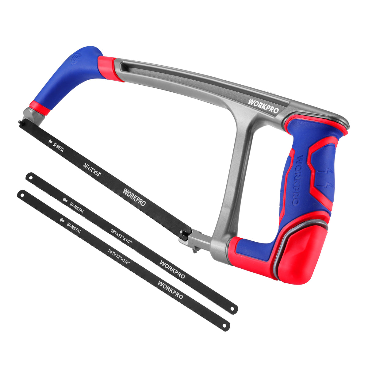 WORKPRO 12-inch Hacksaw with Extra 2 Bi-Metal Saw Blades, Heavy Duty Adjustable 45/90 Angle Saw for Metal, Wood, PVC Pipes