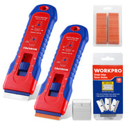 WORKPRO 2-Pack Retractable Razor Scraper Set with built-in blade storage, innovation quality and durable secure grip