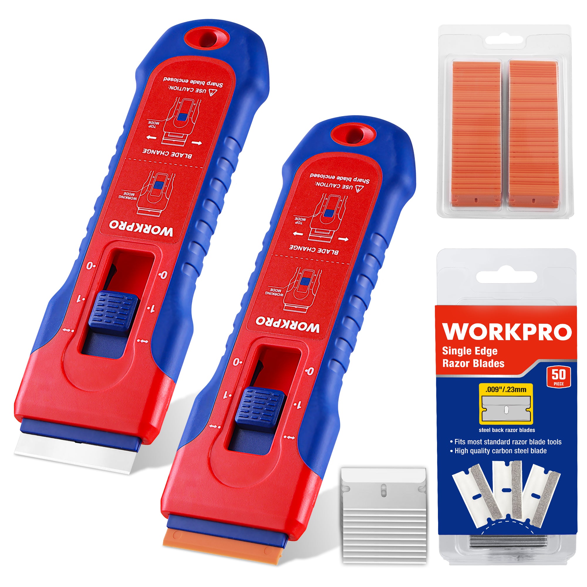 WORKPRO 2-Pack Retractable Razor Scraper Set with built-in blade storage, innovation quality and durable secure grip