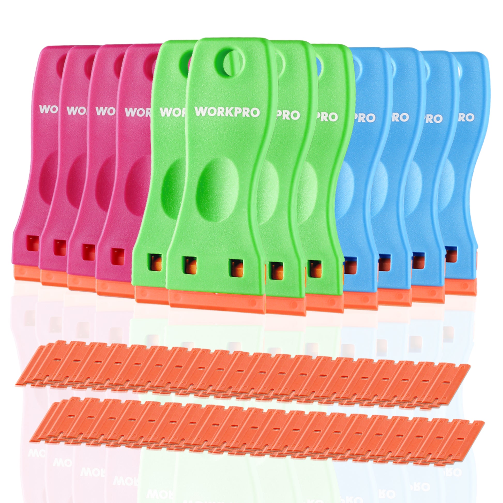 WORKPRO 12 piece plastic razor blade scraper set with innovation, quality and durable blades in green and blue