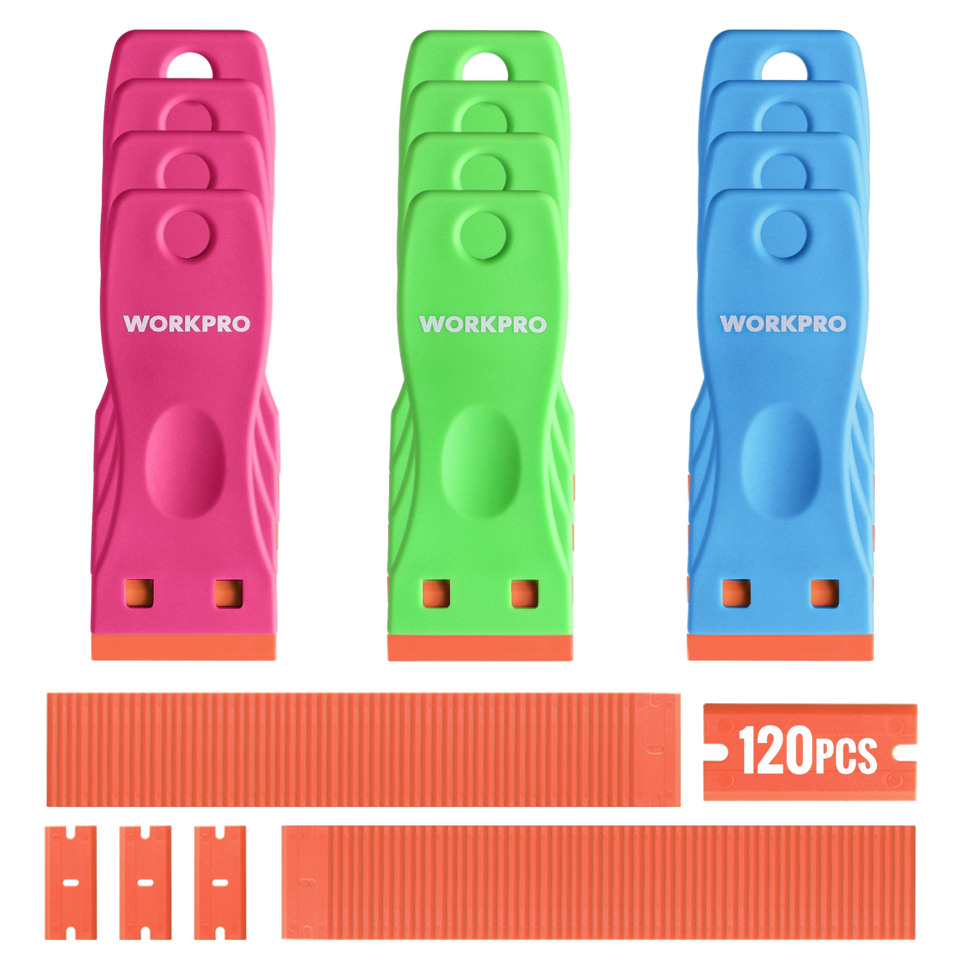 WORKPRO 12-Piece Plastic Razor Blade Scraper set with 120 plastic blades, innovation quality and durable secure use