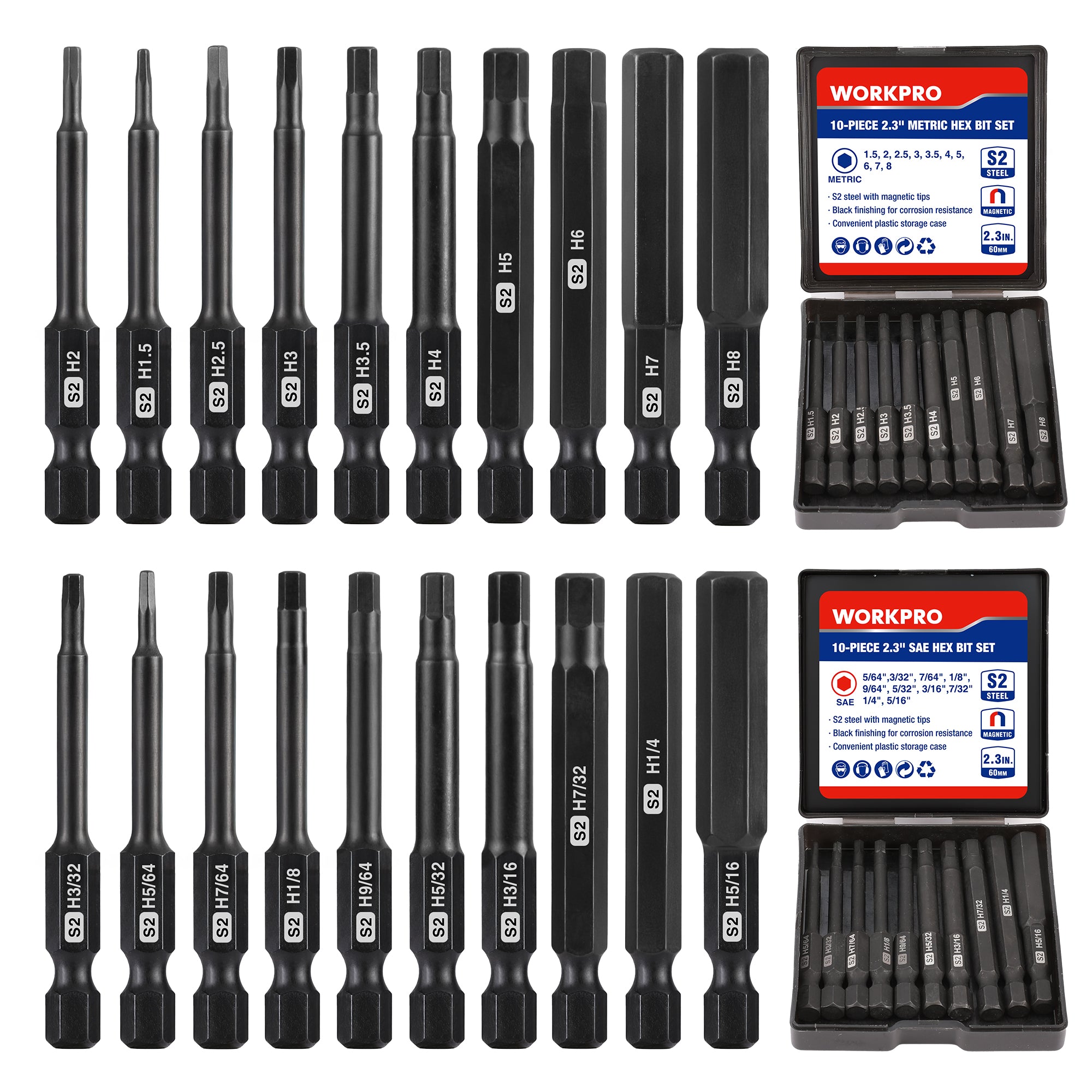 Hex head Allen wrench drill bit set with multiple bits and two black storage cases
