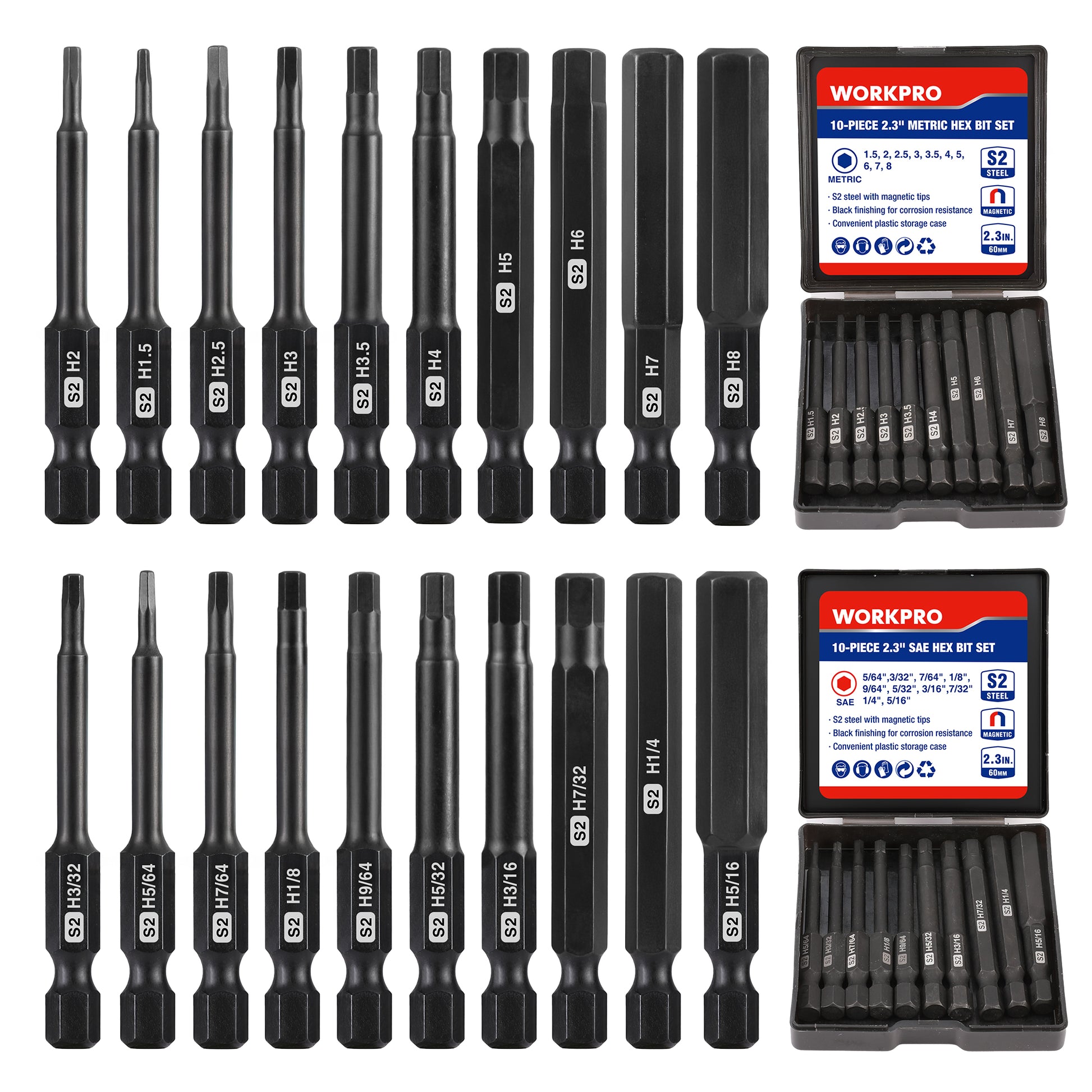 Hex head Allen wrench drill bit set with multiple bits and two black storage cases