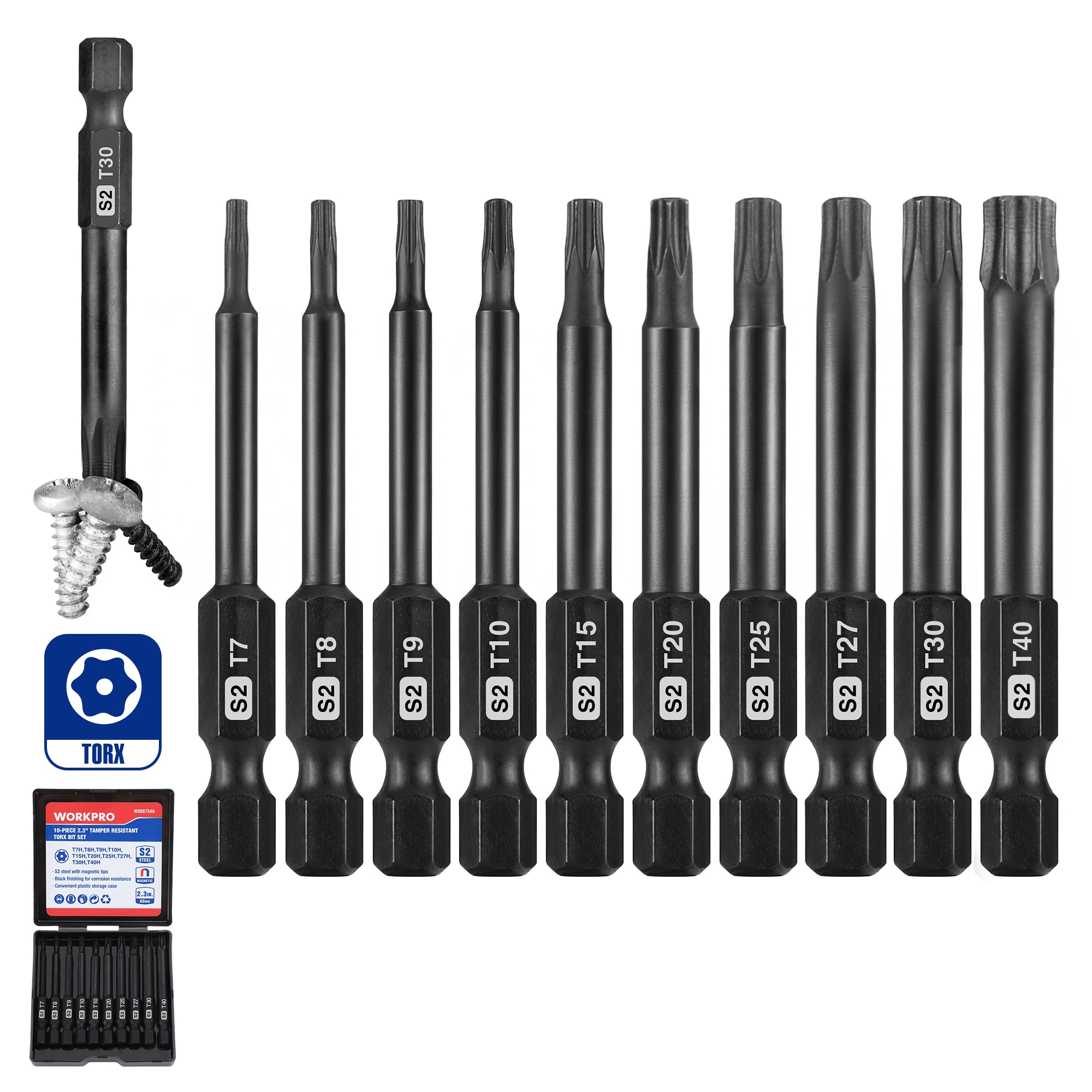 WORKPRO 10pcs Security Torx Bit Set, CNC Machined S2 Steel Star Bit Set, 2.3" Long Tamper Proof Torx Screwdriver bit with Magnetic Tips, Tamper Resistant Fastener Drive Bits with Storage Box