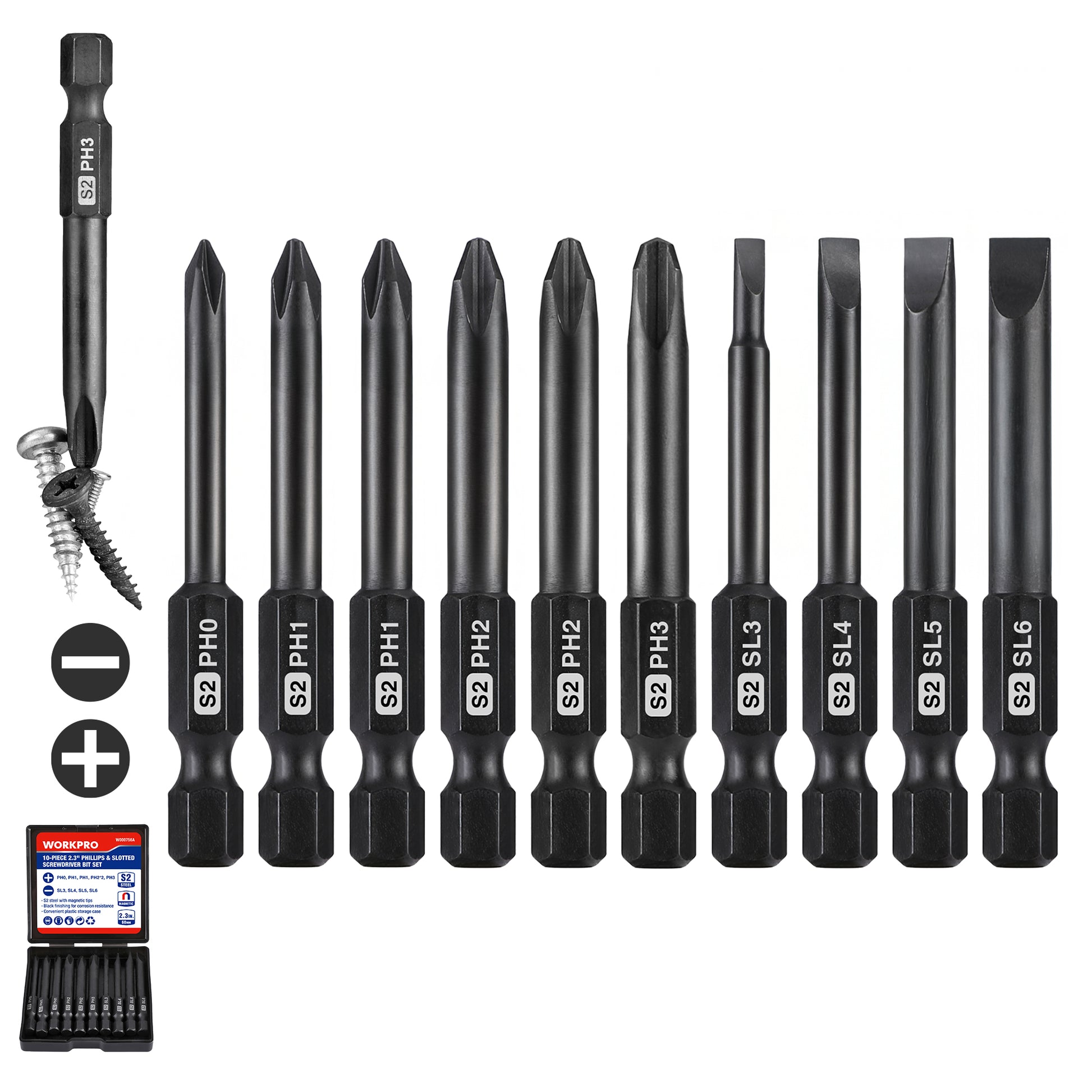 WORKPRO screwdriver bit set in black and silver with innovation quality and durable CNC machined tips