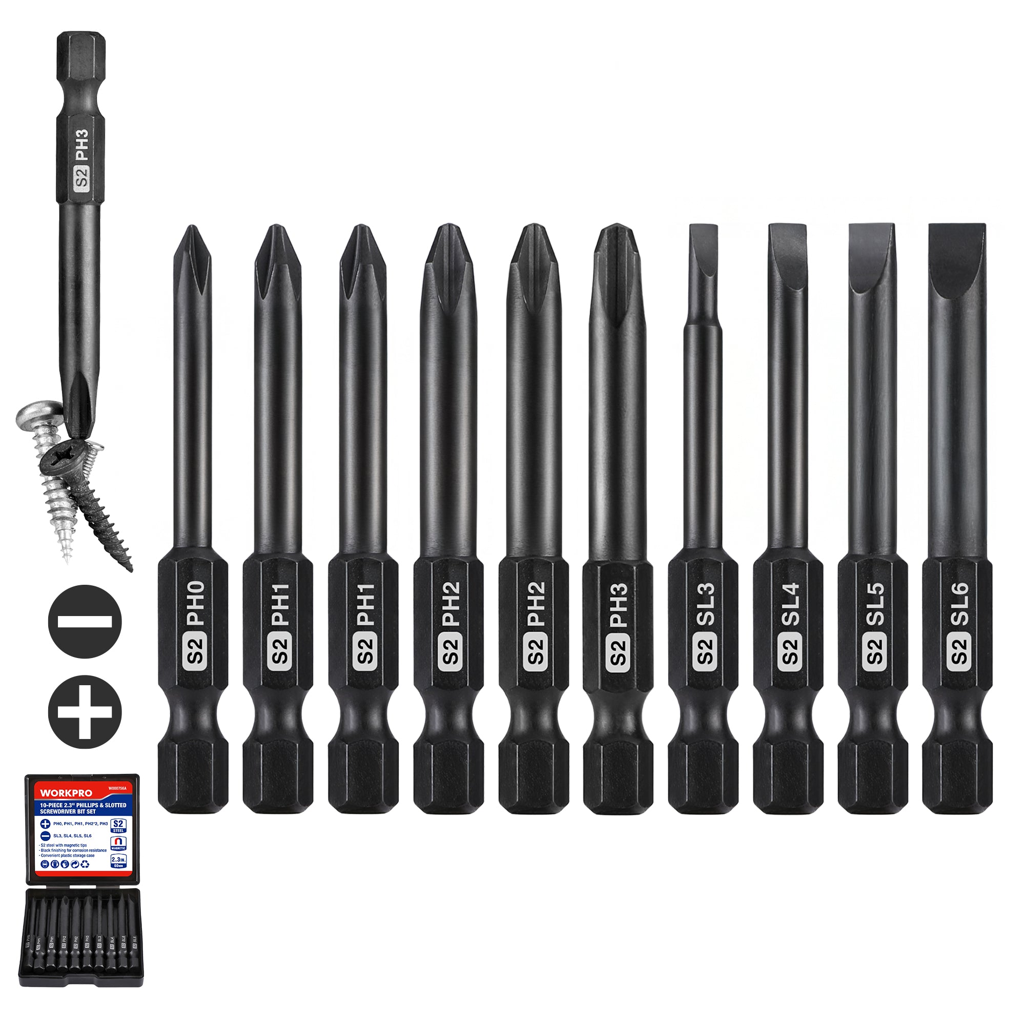 WORKPRO screwdriver bit set in black and silver with innovation quality and durable CNC machined tips