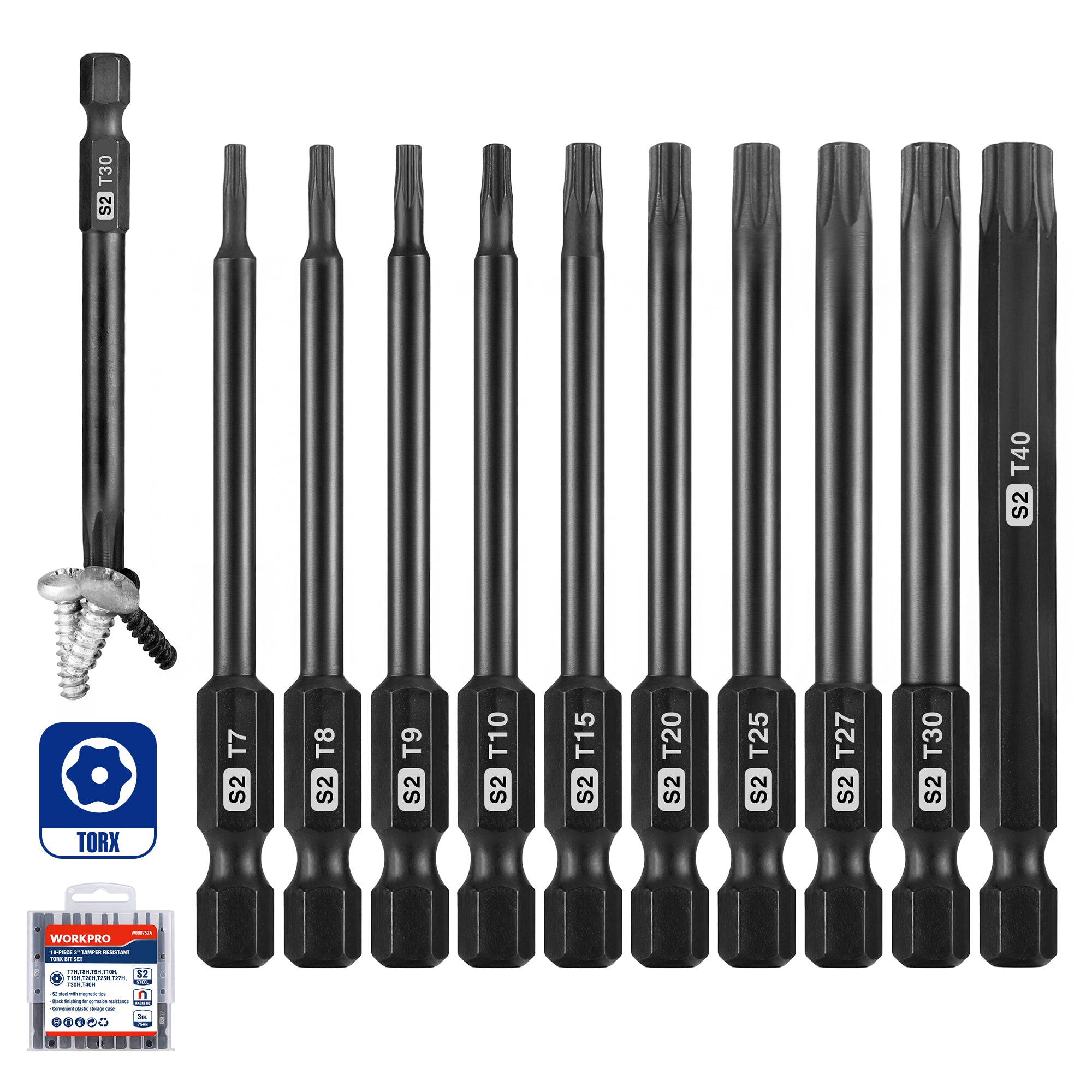 WORKPRO 10pcs Security Torx Bit Set in dark steel, innovation and quality with magnetic tips, durable and secure