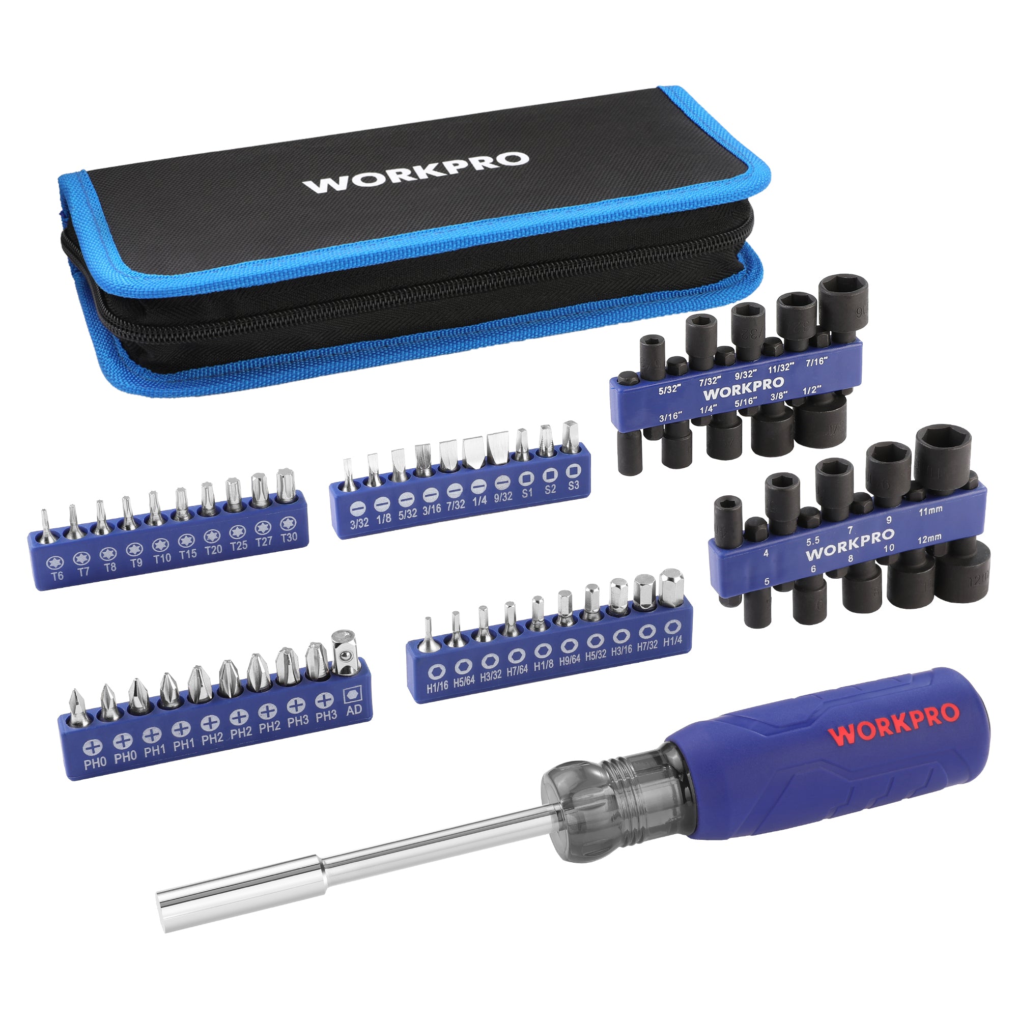WORKPRO 61-piece magnetic screwdriver bits and nut driver set with organizer bag in blue, durable innovation