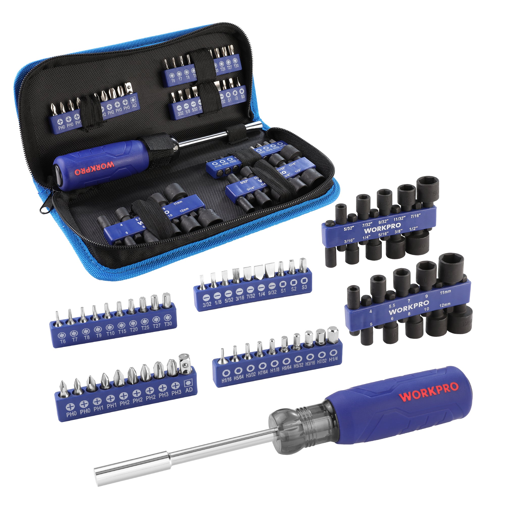 WORKPRO 61-piece magnetic screwdriver bits and nut driver set with organizer bag in blue and black innovation