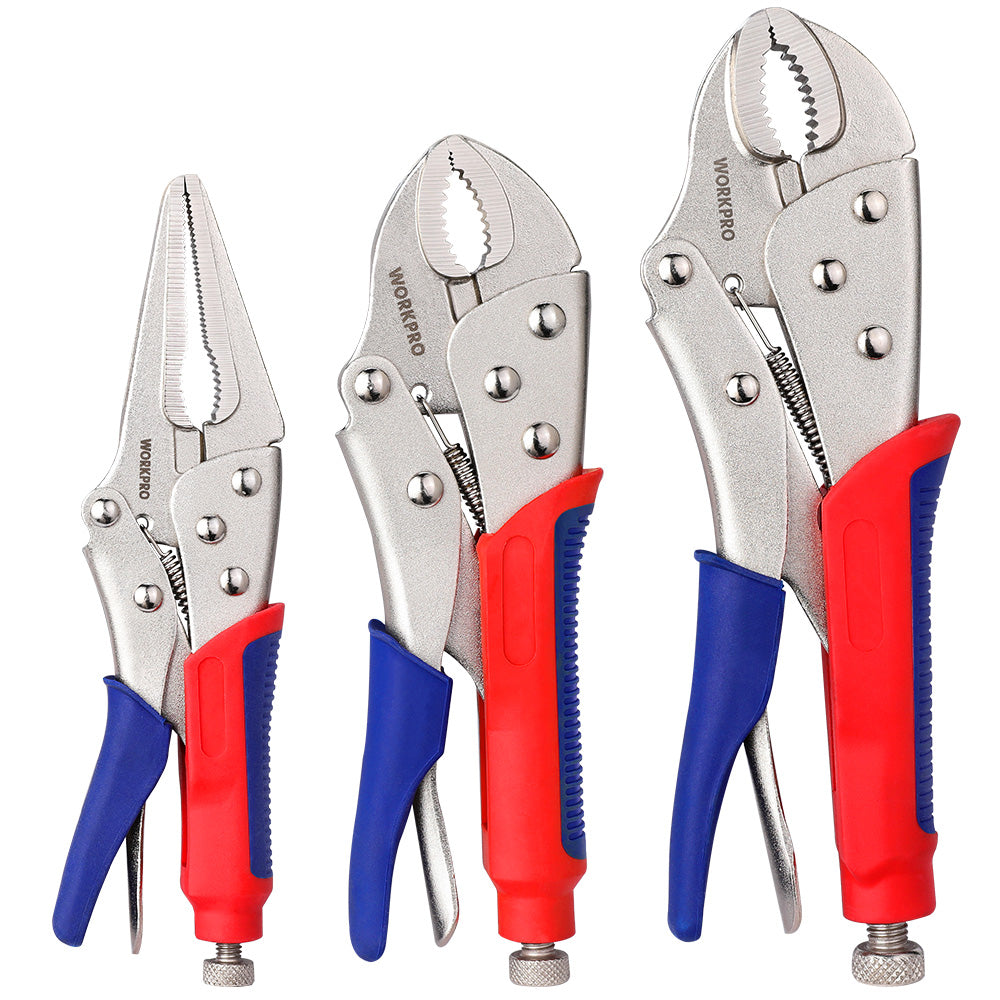 WORKPRO 3 Pcs Locking Pliers Set silver steel with red and blue handles, durable innovation quality