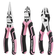 Three-piece pink and black hand tool pliers set with needle-nose, diagonal, and slip-joint